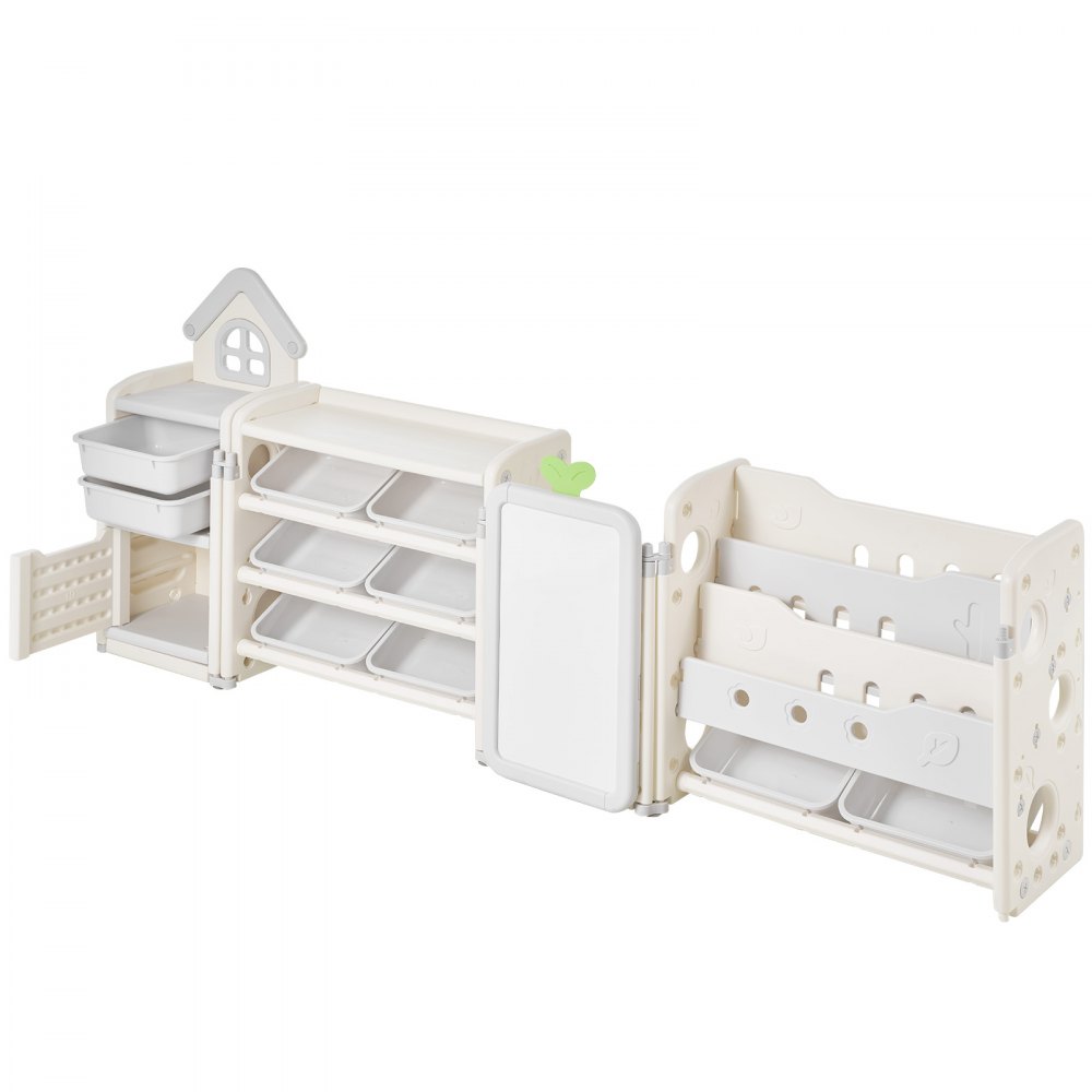 VEVOR Scaffale per Giocattoli in HDPE, Organizzatore per Giocattoli Multifunzionale a 4 Ripiani con 10 Contenitori in Plastica Flessibile e Tavolo da Disegno, per Camera da Letto e Aula, Grigio Beige