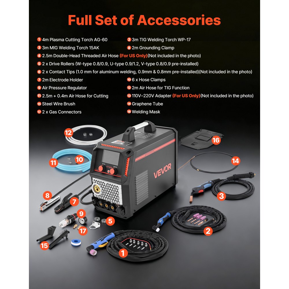 VEVOR Taglierina al PlasmaCUT/TIG/MIG a Gas/MIG Flux/MMA, Macchina Saldatrice per Taglio al Plasma Senza Contatto da 50 A Saldatrice Sinergica da 200 A, Compatibile con Pistola a Bobina