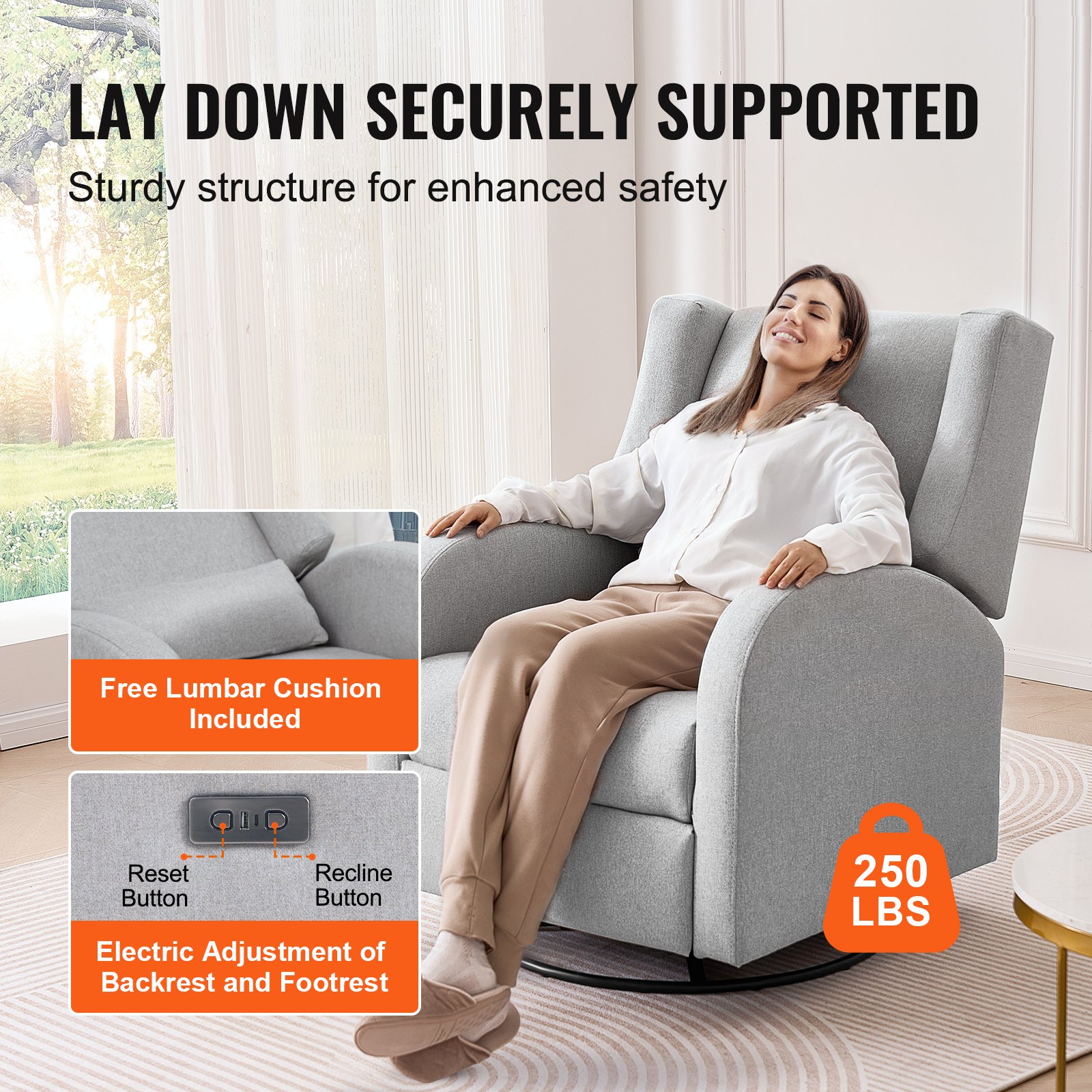VEVOR Electric Recliner with Swivel & Gliding Function, 113.4 kg Load Capacity, Swivel Chair with Gliding Function & Adjustable Angle, with Polyester Surface for Living Room, Bedroom, Light Gray