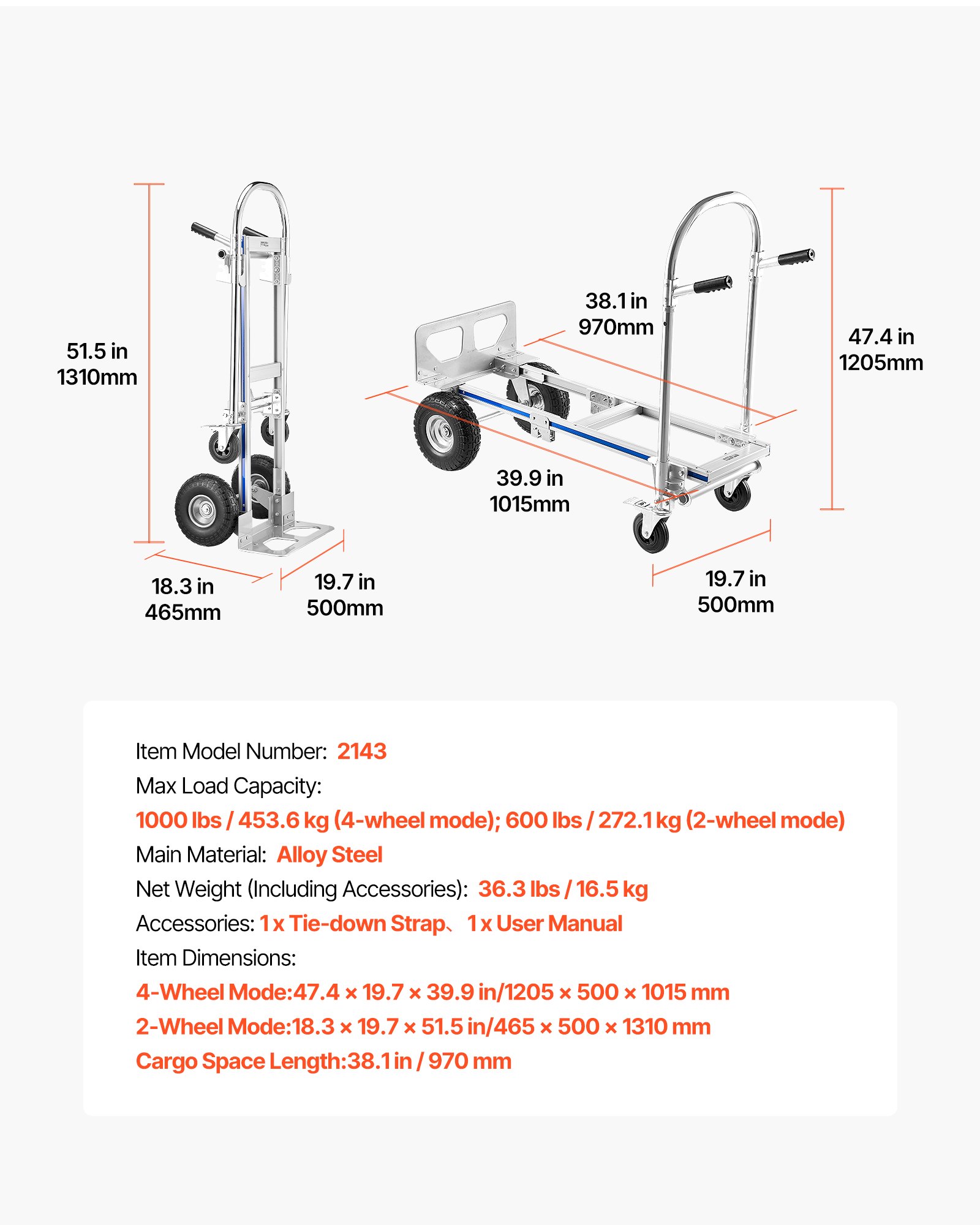 VEVOR Carrello a Mano 2 in 1 Capacità di Carico di 453,6 kg per Modalità a 4 Ruote Carrello a Mano Convertibile con Maniglia e Ruote Antiscivolo per Traslochi di Casa, Ufficio, Magazzino
