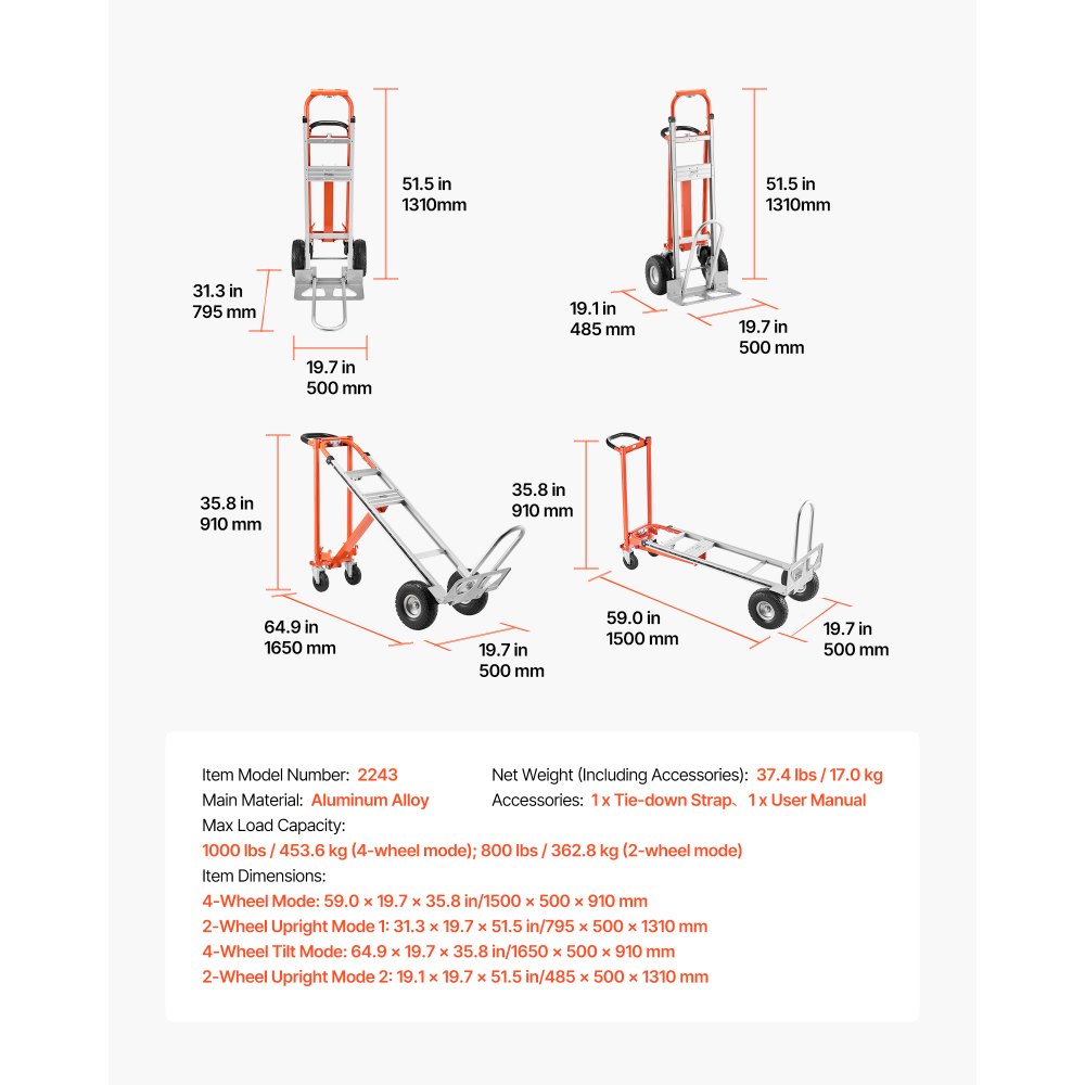 VEVOR 4 in 1 Hand Truck, 453.6 kg Load Capacity for 4-Wheel Mode, Convertible Hand Truck Dolly with Non-Slip Handle & Wheels, Aluminum Alloy Portable Trolley Dolly for Moving Home, Office, Warehouse