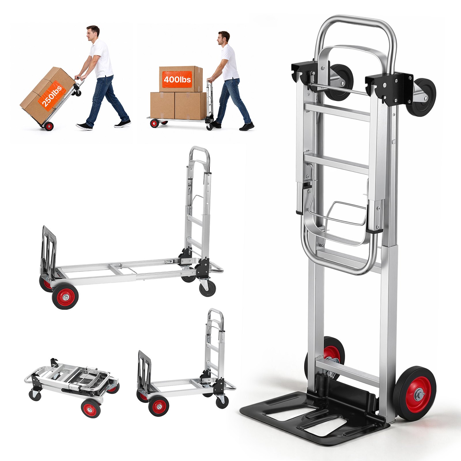 VEVOR Carrello a Mano Pieghevole in Alluminio 2 in 1 Capacità Carico da 181kg, Carrello a Mano Pieghevole Salvaspazio Carrello con Piattaforma Ruote in Gomma per Trasporto di Merci da Magazzino 181kg
