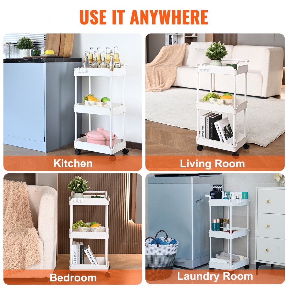 VEVOR Carrello Multiuso 3 Ripiani a Rotelle Carrello Portaoggetti 370x355x761 mm Ruote Bloccabili Carico Max. 45kg, Carrello Mobile Materiale PP Portaoggetti Salvaspazio Ufficio Cucina Colore Bianco