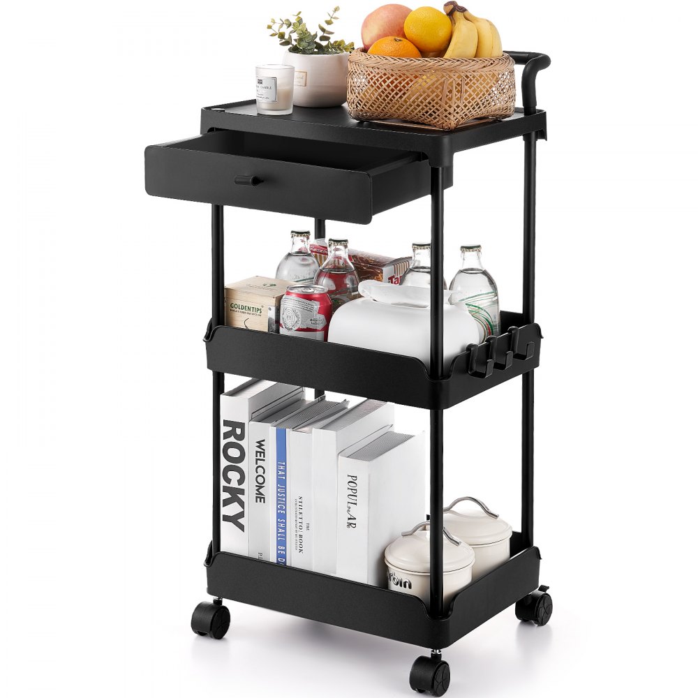 VEVOR Carrello multiuso con rotelle a 3 livelli con cassetto, Carrello portaoggetti multifunzionale con maniglia per ufficio, soggiorno, cucina, Ripiani mobili per riporre oggetti, Nero