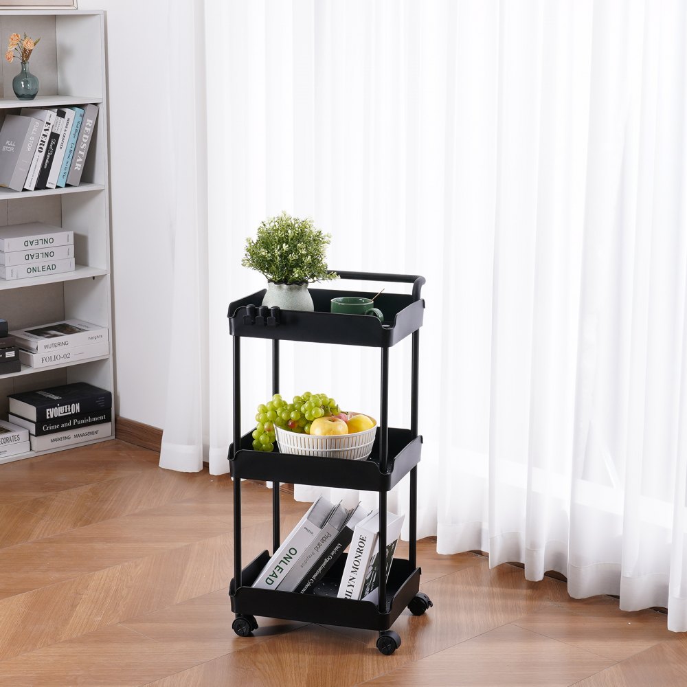 VEVOR Carrello Multiuso 3 Ripiani a Rotelle Carrello Portaoggetti 370x355x761 mm Ruote Bloccabili Carico Max. 45kg, Carrello Mobile Materiale PP Portaoggetti Salvaspazio per Ufficio Cucina Colore Nero