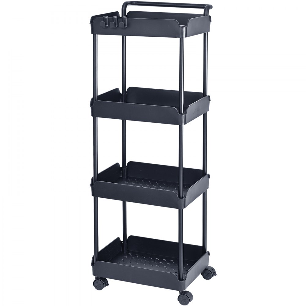 VEVOR Carrello Multiuso 4 Ripiani a Rotelle Carrello Portaoggetti 370 x 355 x 1065mm Ruote Bloccabili con Maniglia, Carrello Mobile Materiale PP Portaoggetti Salvaspazio per Ufficio Cucina Colore Nero