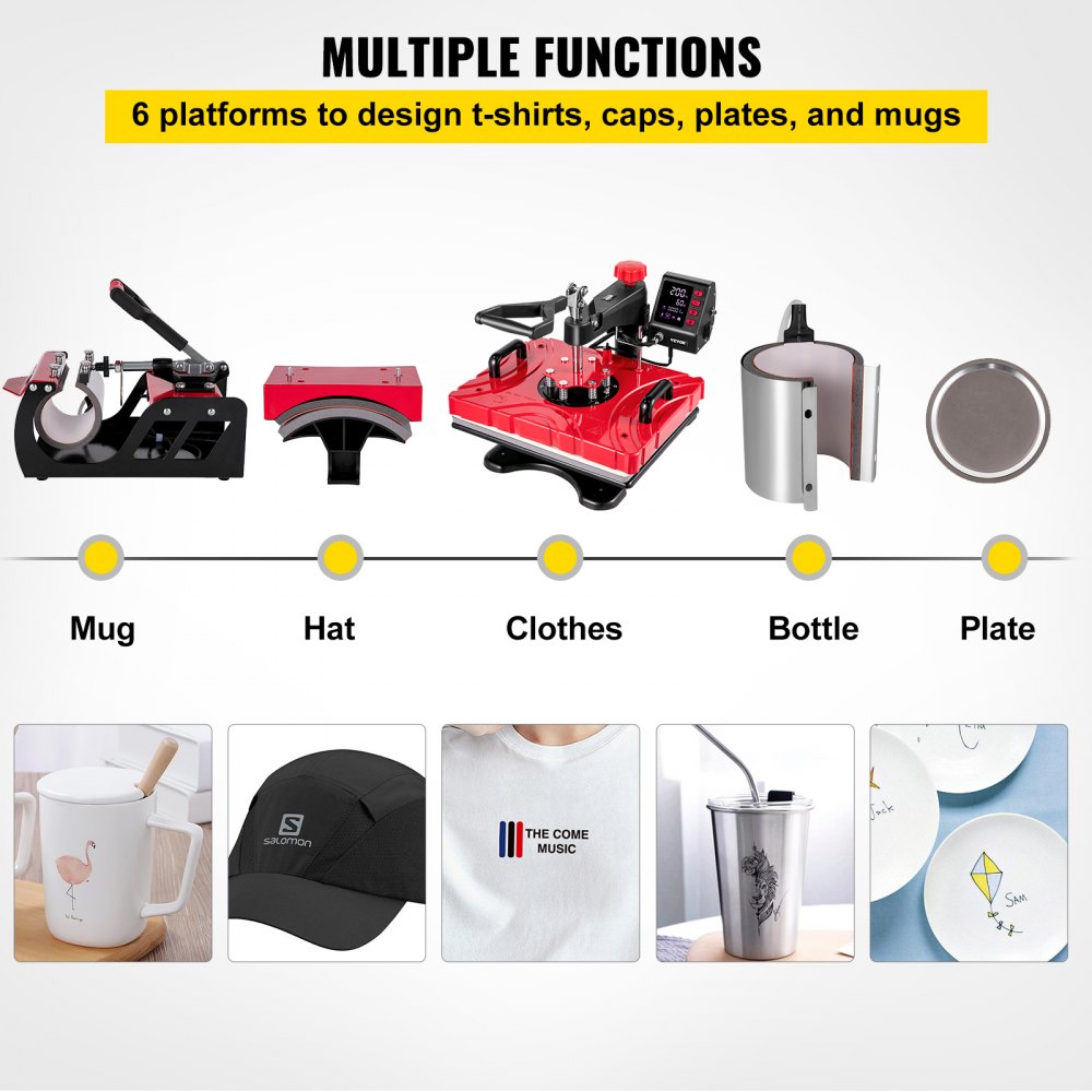 VEVOR 6 in 1 Stampante per Pressa a Caldo 12" X 15" Pressa per Magliette Rossa