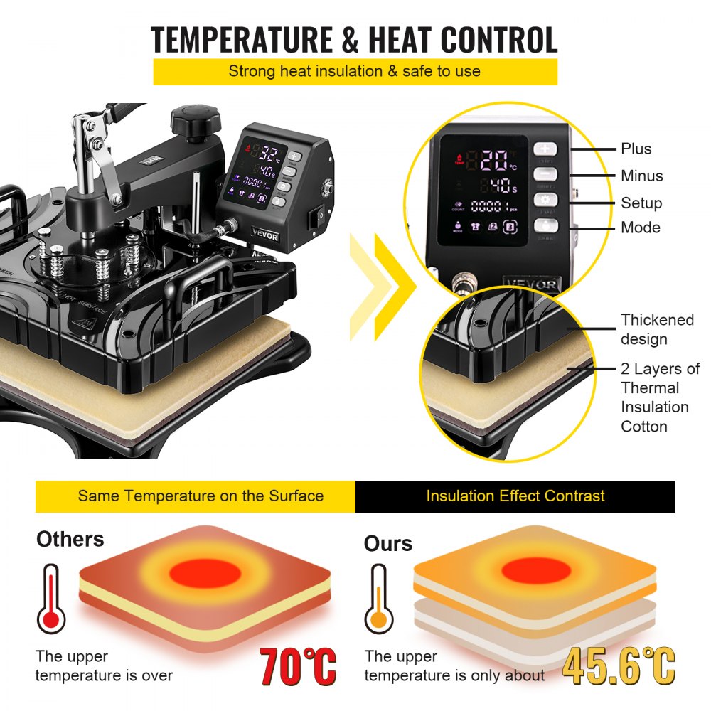 VEVOR Pressa a Caldo 12X15 Pollici 6 in 1 Pressa di Calore 1000 W Altalena Nera Stampante a Sublimazione Nera Macchina per Trasferimento Stampante