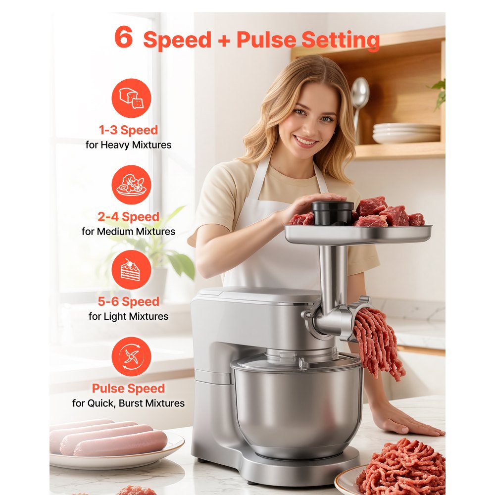 VEVOR Impastatrice Mescolatore per Cucina da 1500 W con Ciotola in Acciaio Inox 6 L e Ciotola per Mescolare 1,5 L, Impastatrice con 6 Velocità e Gancio per Impastare, Frusta e Sbattitore