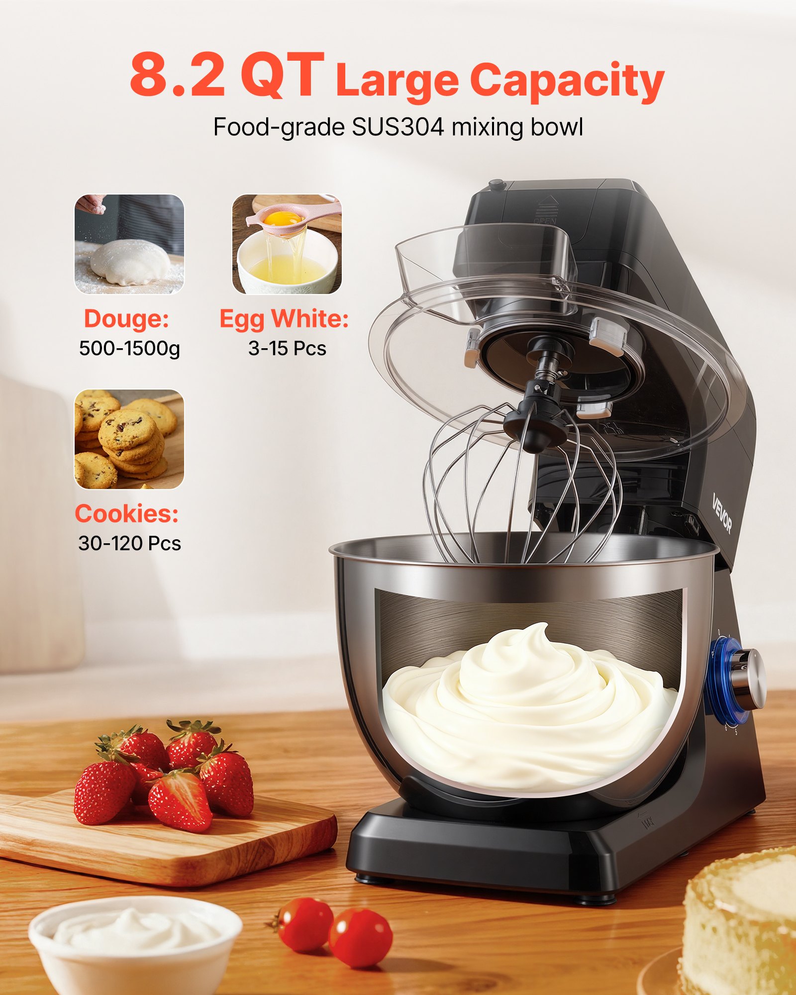 VEVOR Impastatrice Mescolatore per Cucina da 1500 W con Ciotola in Acciaio Inox 7,8 L e Ciotola per Mescolare 1,5 L, Impastatrice con 6 Velocità e Gancio per Impastare, Frusta e Sbattitore