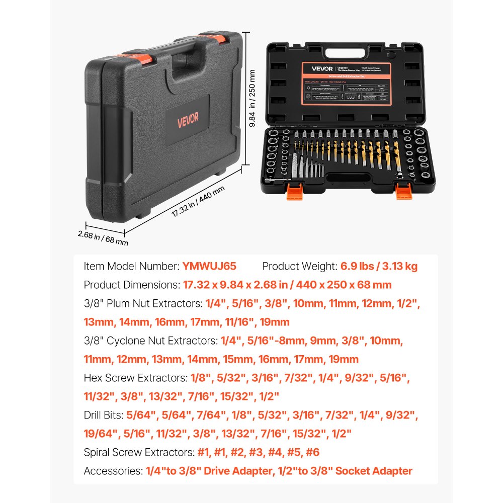 VEVOR Kit di Estrattori per Viti Rotte 65 pezzi Kit di Strumento per Rimozione di Dadi Danneggiati Arrotondati, Utensili per Riparazioni Domestiche da Officina Materiale in Acciaio Cr-Mo