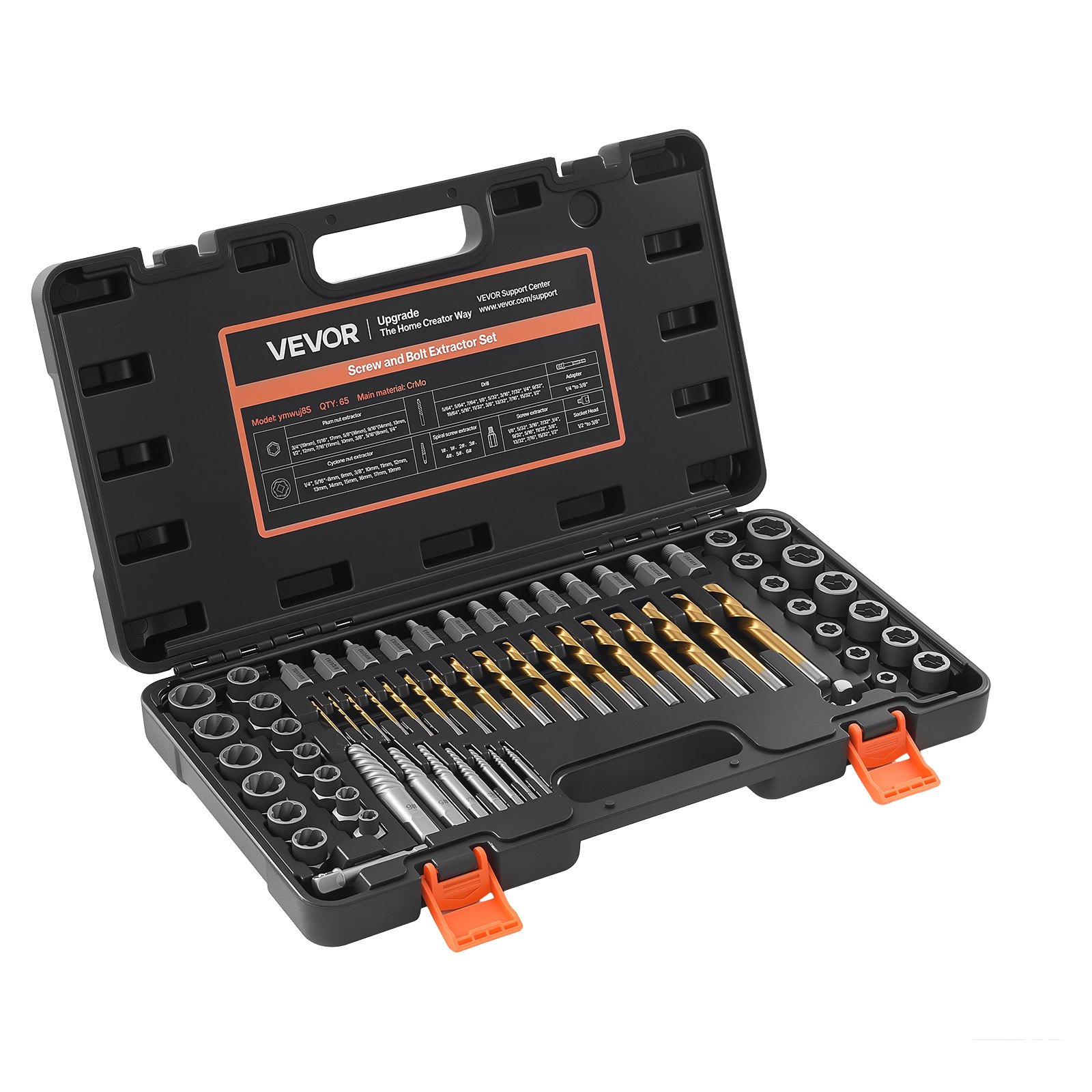 VEVOR Kit di Estrattori per Viti Rotte 65 pezzi Kit di Strumento per Rimozione di Dadi Danneggiati Arrotondati, Utensili per Riparazioni Domestiche da Officina Materiale in Acciaio Cr-Mo