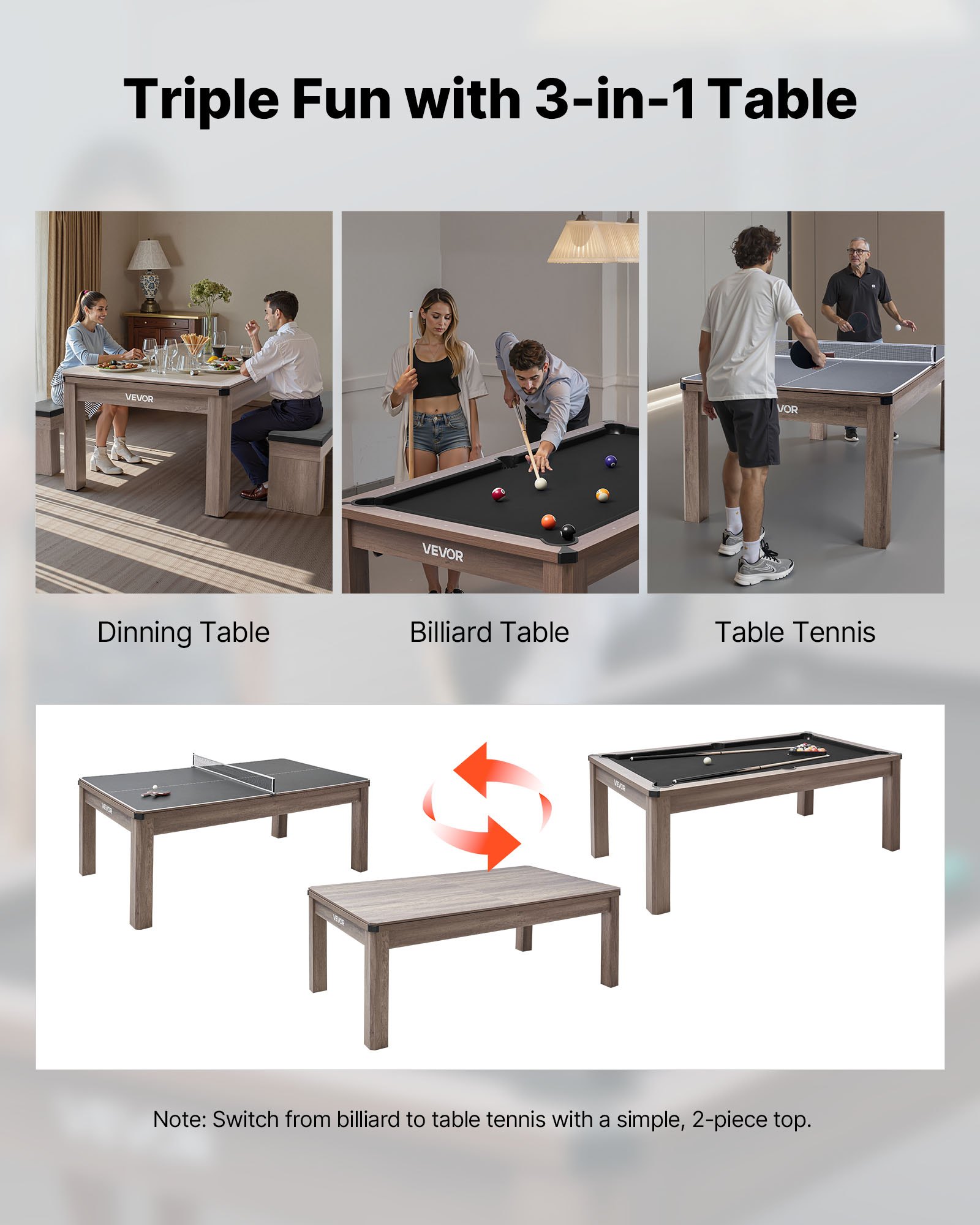 VEVOR Set Combinato Tavolo da Biliardo da 214 cm, con Piano da Pranzo e Ping Pong, 2 Panche per Riporre gli Oggetti e Accessori, Include Porta-Stecche, Spazzola per Gesso, per Sala Ricreativa