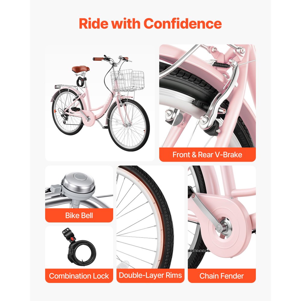 VEVOR Bicicletta Cruiser Beach Telaio Acciaio 7 Velocità 150kg Colore Rosa Monomarcia, Cestino, Portapacchi Posteriore Doppi Freni V-Brake, Spostamenti Quotidiani, Dimensioni Ruota 610 mm 24 pollici