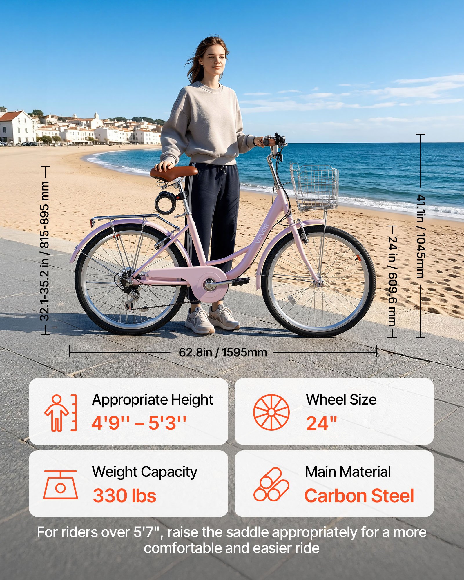 VEVOR Bicicletta Cruiser Beach Telaio Acciaio 7 Velocità 150kg Colore Rosa Monomarcia, Cestino, Portapacchi Posteriore Doppi Freni V-Brake, Spostamenti Quotidiani, Dimensioni Ruota 610 mm 24 pollici