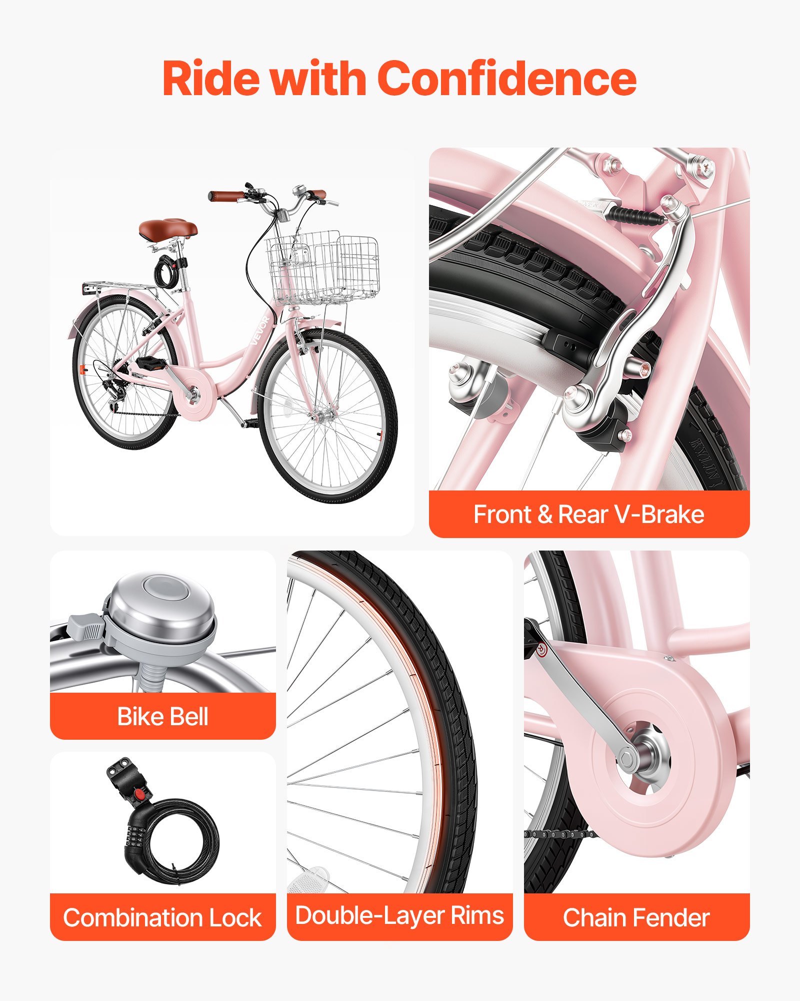 VEVOR Bicicletta Cruiser Beach Telaio Acciaio 7 Velocità 150kg Colore Rosa Monomarcia, Cestino, Portapacchi Posteriore Doppi Freni V-Brake, Spostamenti Quotidiani, Dimensioni Ruota 610 mm 24 pollici