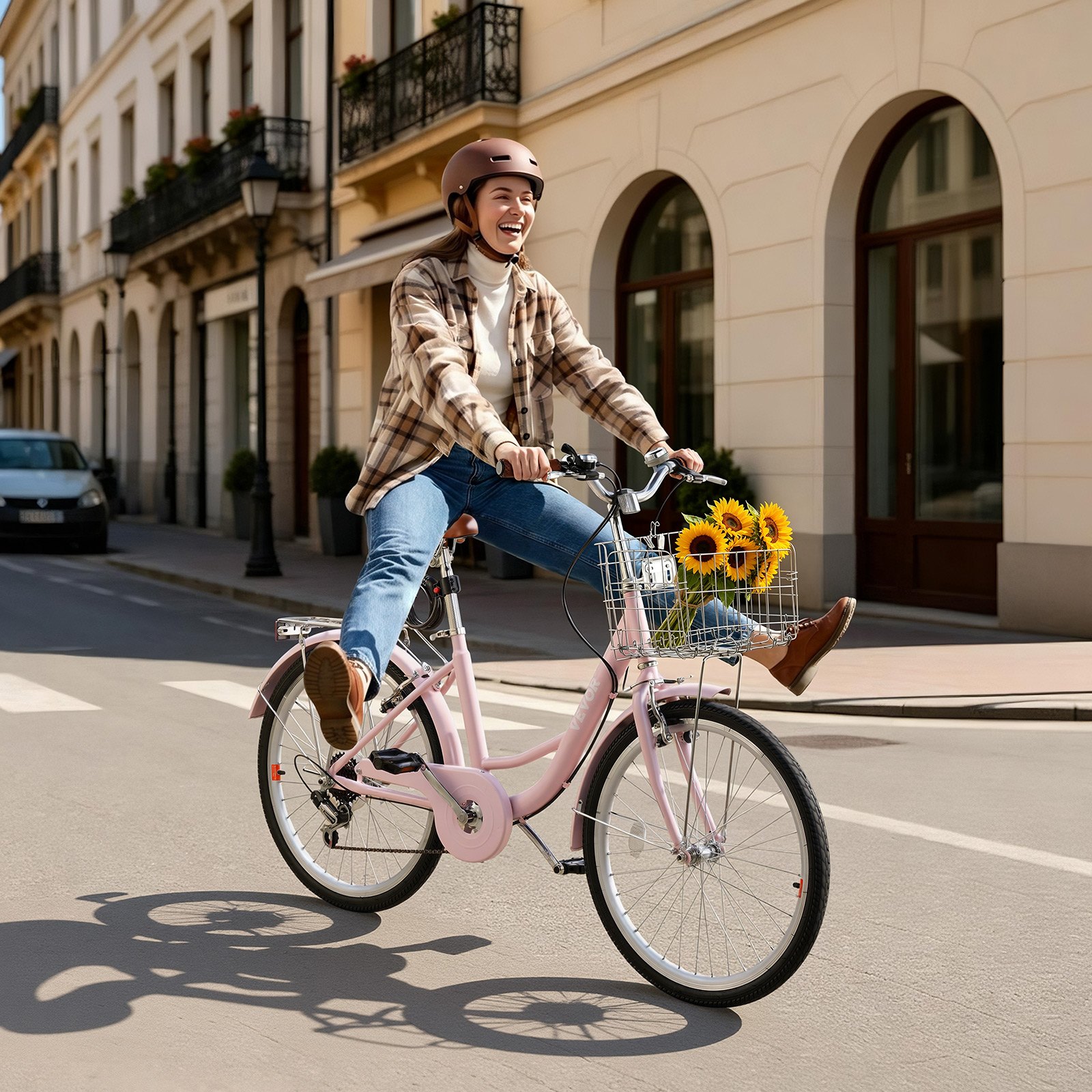 VEVOR Bicicletta Cruiser Beach Telaio Acciaio 7 Velocità 150kg Colore Rosa Monomarcia, Cestino, Portapacchi Posteriore Doppi Freni V-Brake, Spostamenti Quotidiani, Dimensioni Ruota 610 mm 24 pollici
