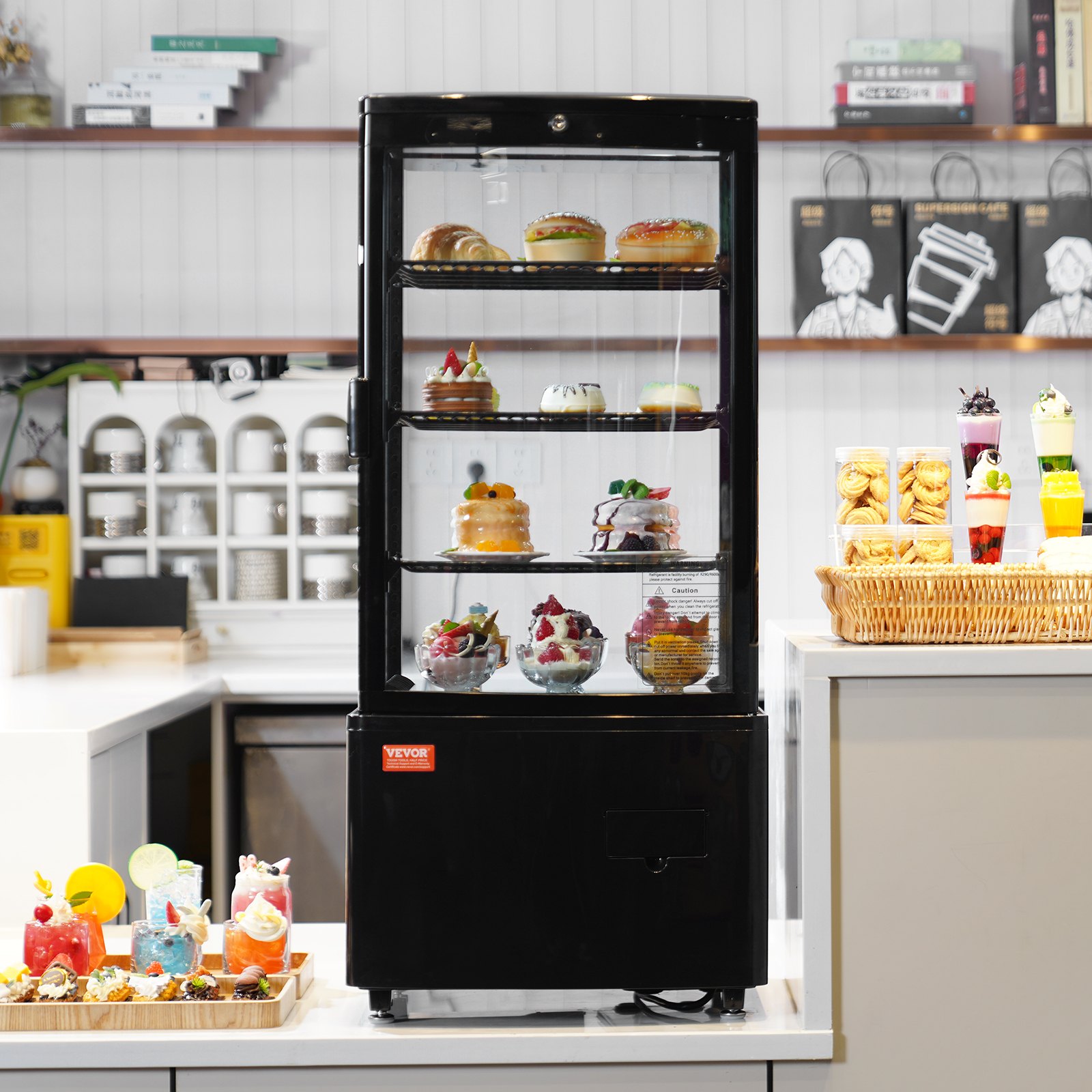 VEVOR Vetrina Refrigerata Commerciale da 85 L, Vetrina per Pasticceria a 3 Ripiani, Frigorifero con Illuminazione a LED, Raffreddamento ad Aria Senza Gelo Vetrina per Panifici Pasticcerie Commerciale