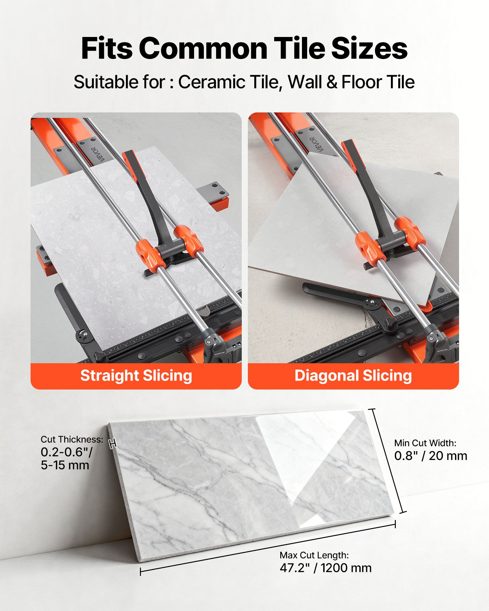 VEVOR 1200 mm Manual Tile Cutter, Upgraded Sliding Head Cutting Tool with Spring-Loaded Base, Angle Fence, Tungsten Carbide Cutting Wheel, Alignment Guide, for DIY Pros, Ceramic, Floor & Wall Tiles