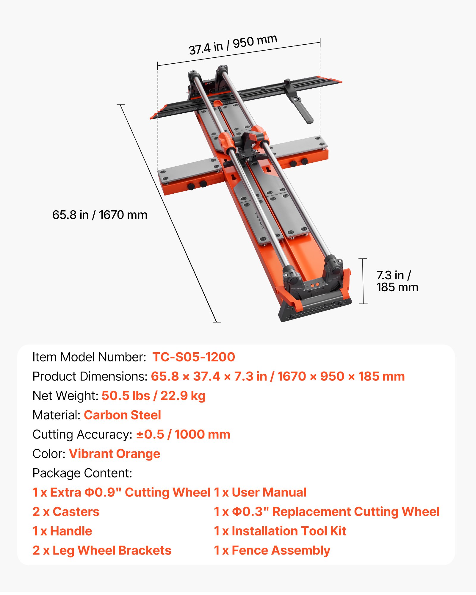 VEVOR 1200 mm Manual Tile Cutter, Upgraded Sliding Head Cutting Tool with Spring-Loaded Base, Angle Fence, Tungsten Carbide Cutting Wheel, Alignment Guide, for DIY Pros, Ceramic, Floor & Wall Tiles