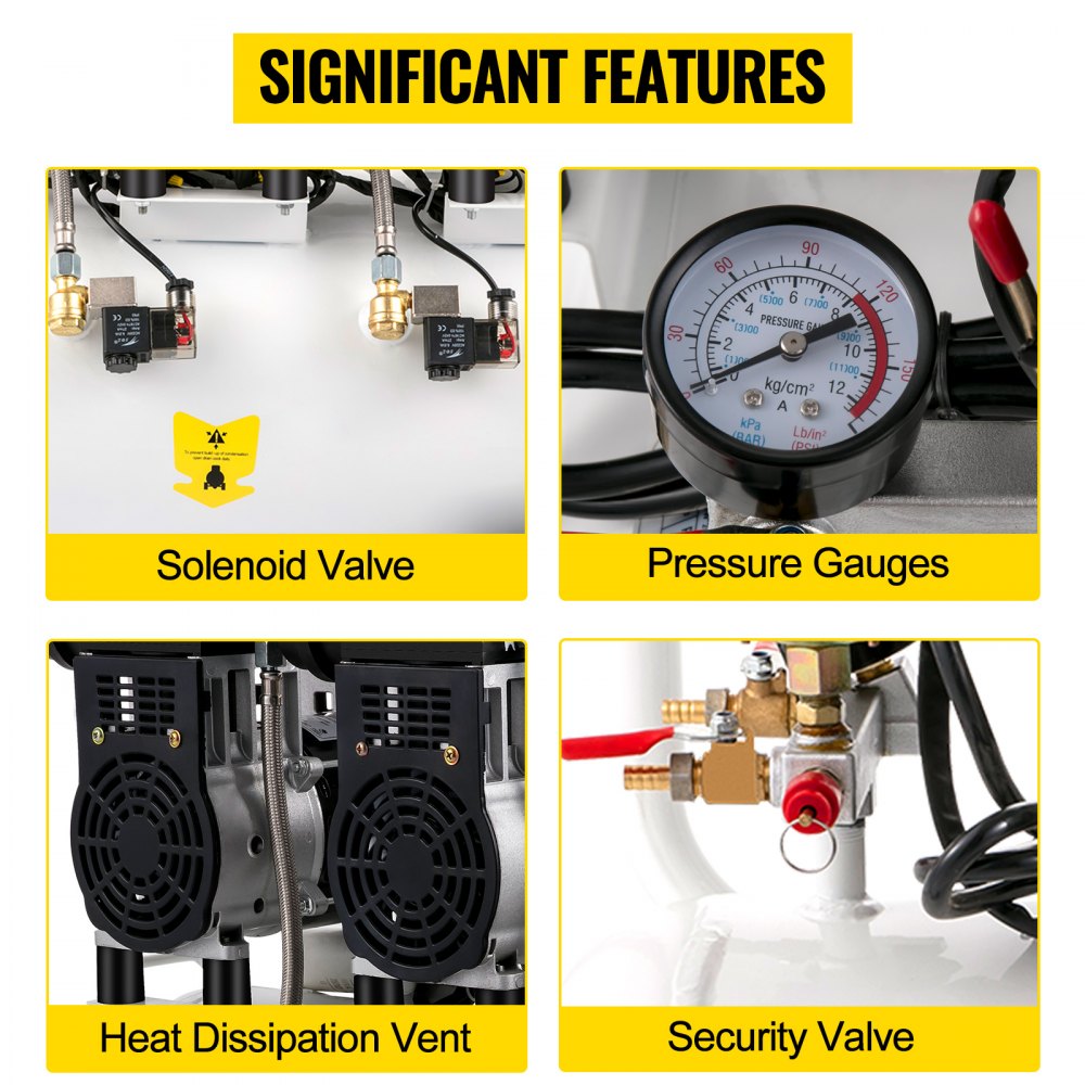 VEVOR Compressore d'aria Senza Olio a 68DB, 50L, Compressore d'aria 1960W, Compressore d'aria Silenzioso 9CFM, Accessori per Compressore d'aria Olio, Compressore d'aria Muto Senza Olio con Manometro