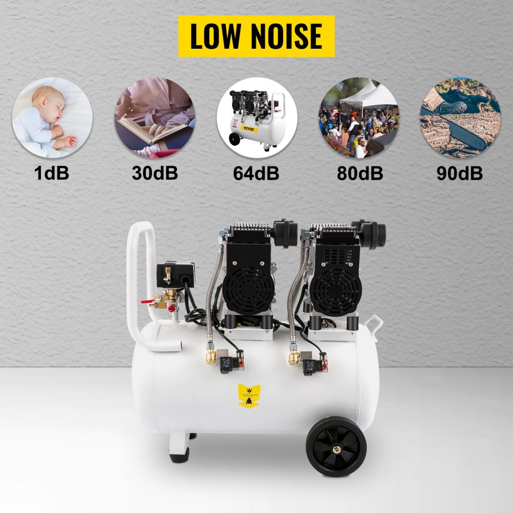 VEVOR Compressore d'aria Senza Olio a 68DB, 50L, Compressore d'aria 1960W, Compressore d'aria Silenzioso 9CFM, Accessori per Compressore d'aria Olio, Compressore d'aria Muto Senza Olio con Manometro