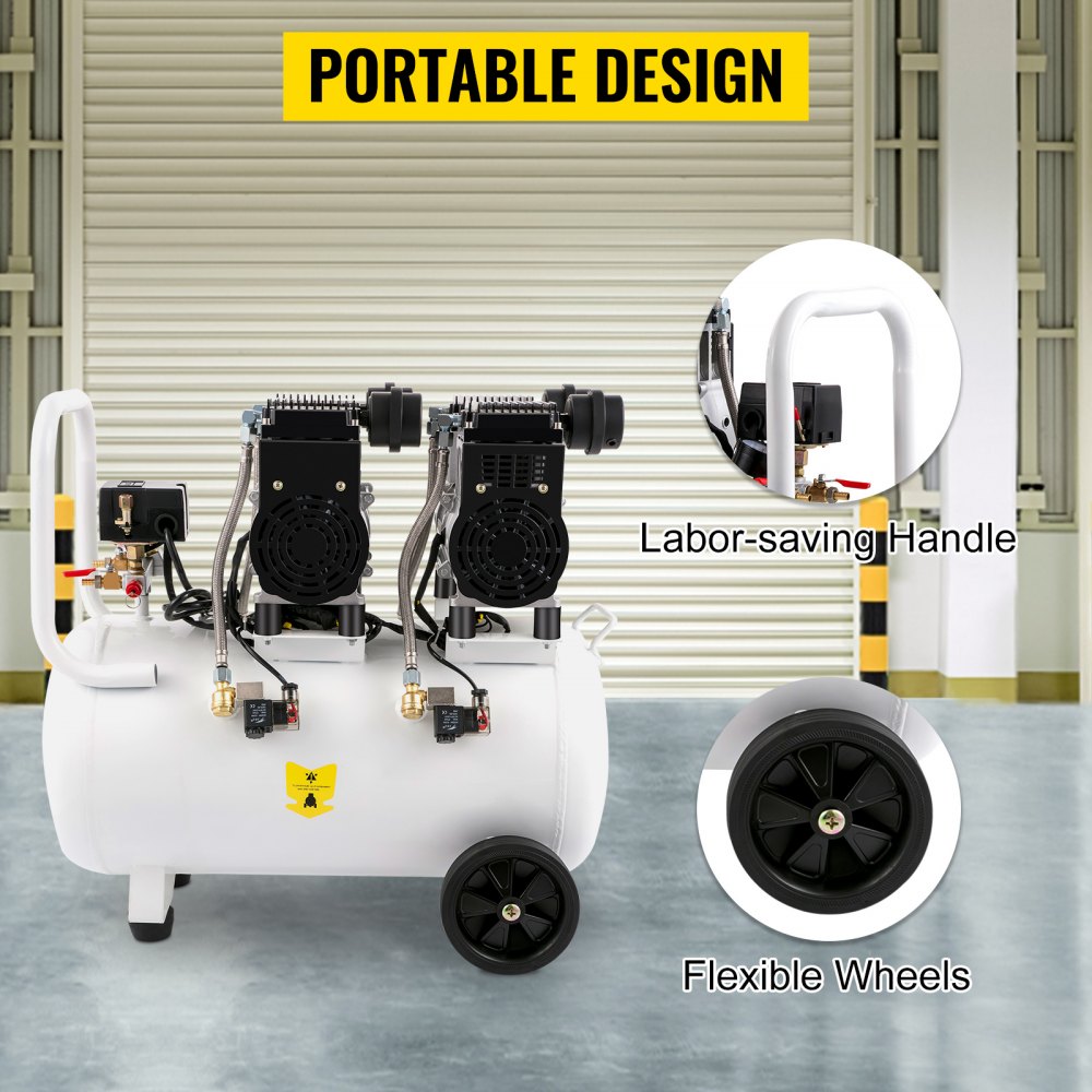 VEVOR Compressore d'aria Senza Olio a 68DB, 50L, Compressore d'aria 1960W, Compressore d'aria Silenzioso 9CFM, Accessori per Compressore d'aria Olio, Compressore d'aria Muto Senza Olio con Manometro