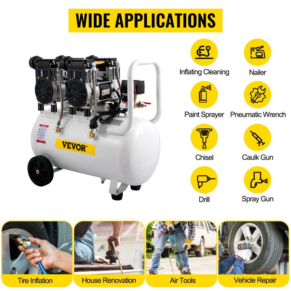 VEVOR Compressore d'aria Senza Olio a 68DB, 50L, Compressore d'aria 1960W, Compressore d'aria Silenzioso 9CFM, Accessori per Compressore d'aria Olio, Compressore d'aria Muto Senza Olio con Manometro