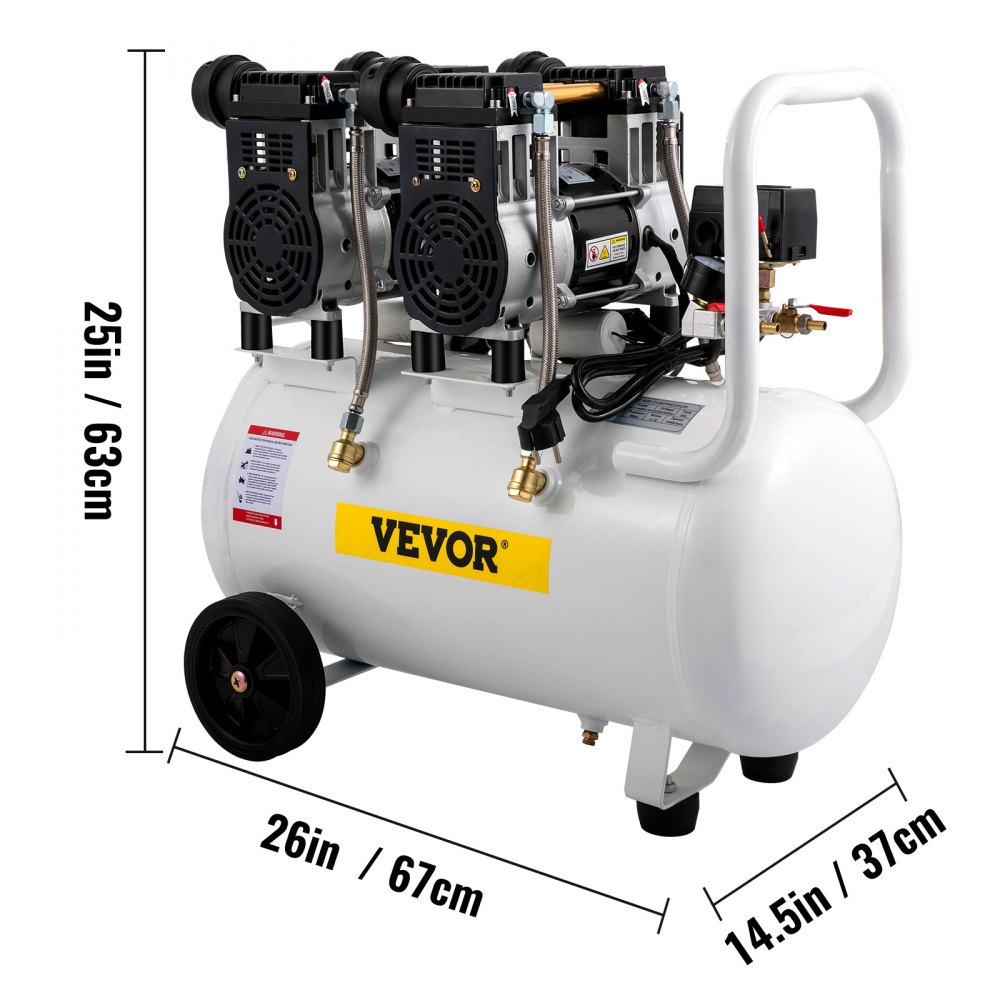 VEVOR Compressore d'aria Senza Olio a 68DB, 50L, Compressore d'aria 1960W, Compressore d'aria Silenzioso 9CFM, Accessori per Compressore d'aria Olio, Compressore d'aria Muto Senza Olio con Manometro