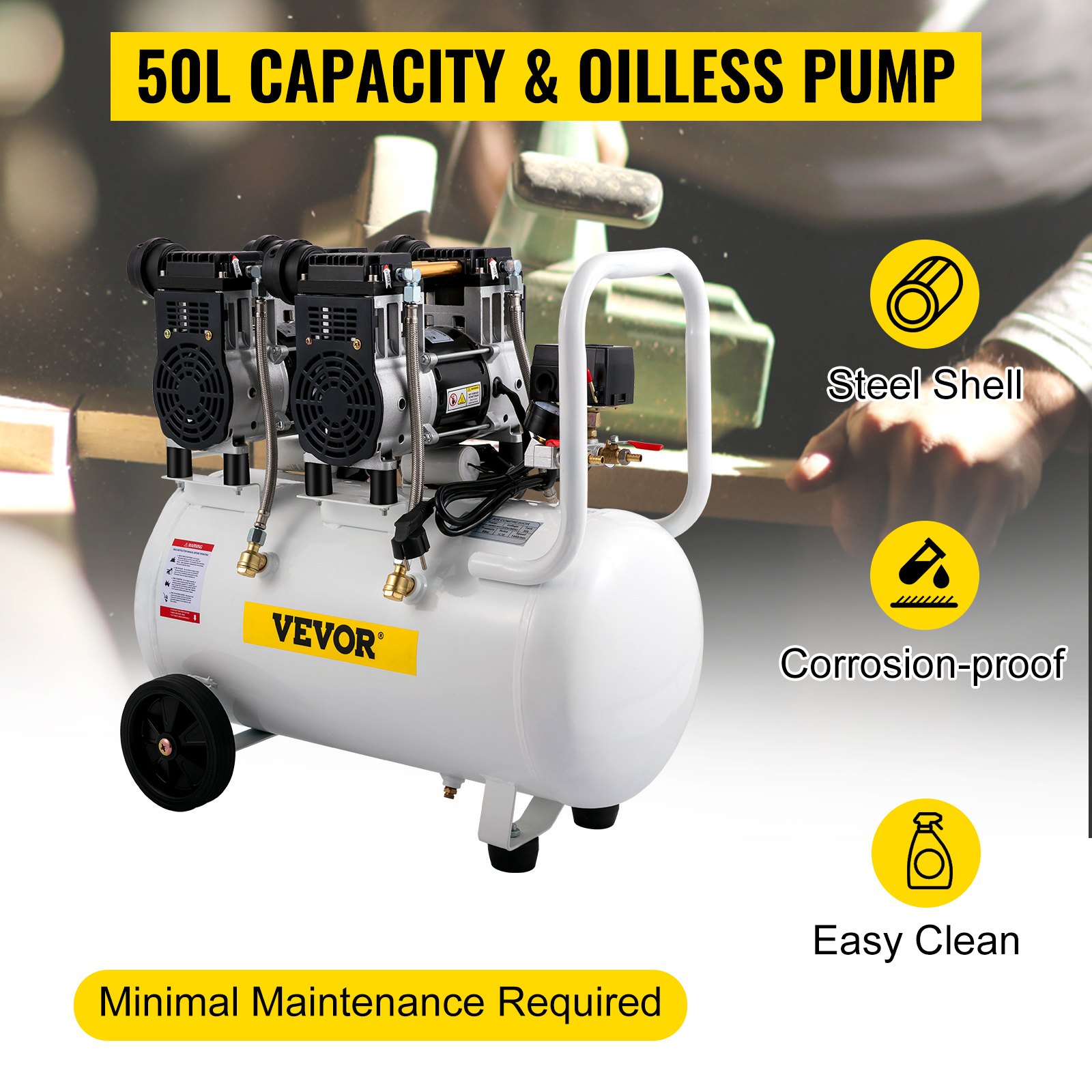 VEVOR Compressore d'aria Senza Olio a 68DB, 50L, Compressore d'aria 1960W, Compressore d'aria Silenzioso 9CFM, Accessori per Compressore d'aria Olio, Compressore d'aria Muto Senza Olio con Manometro