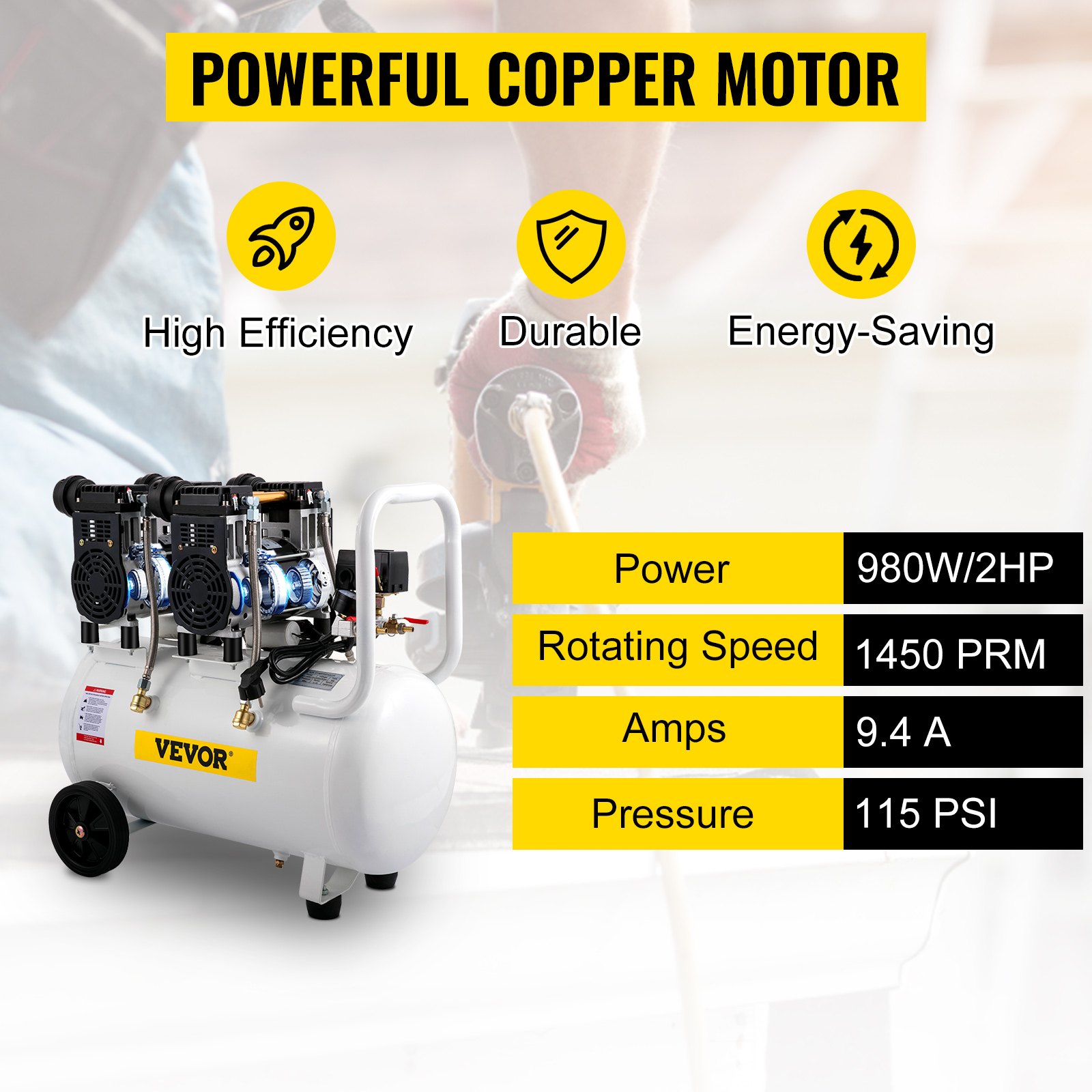 VEVOR Compressore d'aria Senza Olio a 68DB, 50L, Compressore d'aria 1960W, Compressore d'aria Silenzioso 9CFM, Accessori per Compressore d'aria Olio, Compressore d'aria Muto Senza Olio con Manometro
