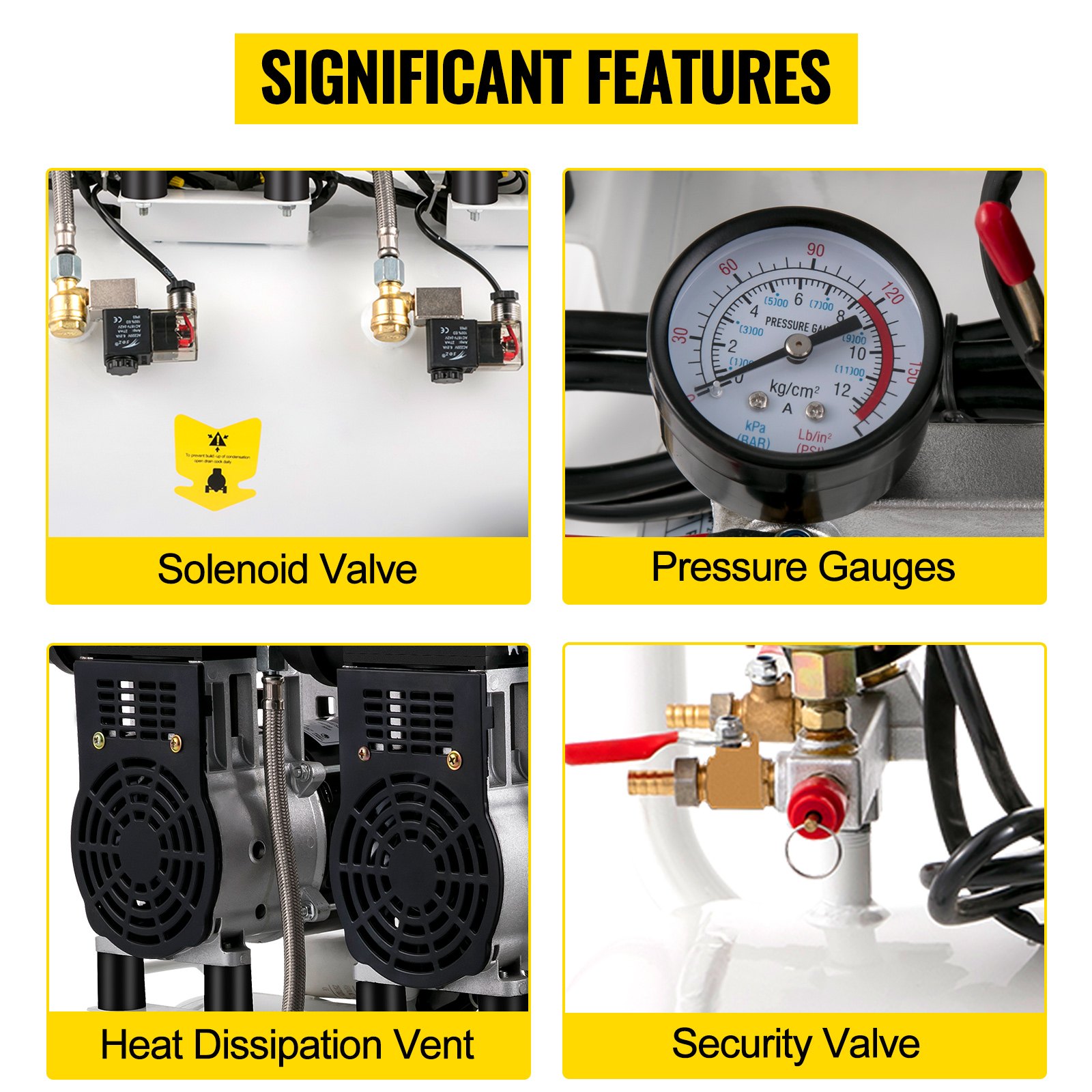 VEVOR Compressore d'aria Senza Olio a 68DB, 50L, Compressore d'aria 1960W, Compressore d'aria Silenzioso 9CFM, Accessori per Compressore d'aria Olio, Compressore d'aria Muto Senza Olio con Manometro
