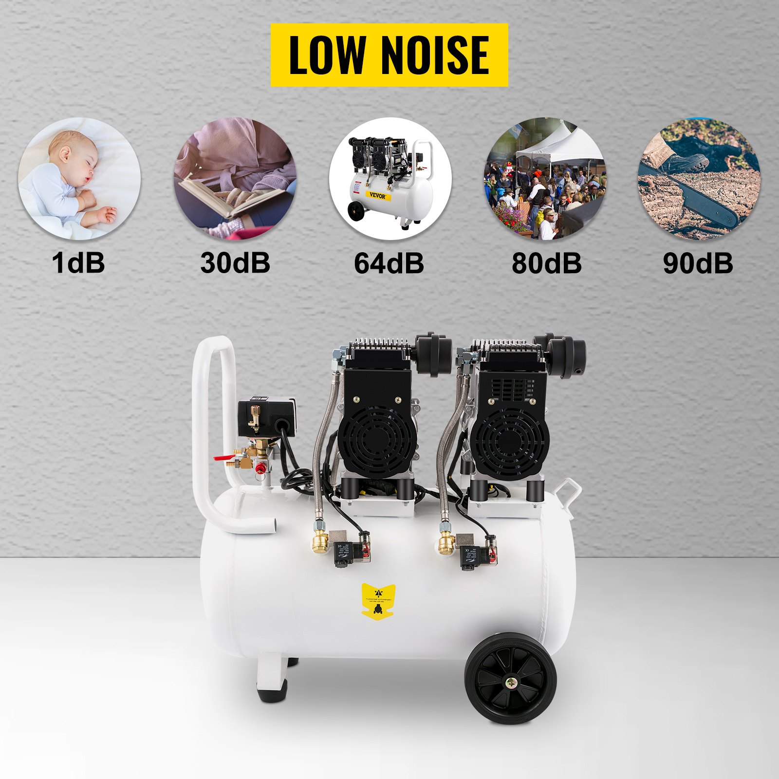 VEVOR Compressore d'aria Senza Olio a 68DB, 50L, Compressore d'aria 1960W, Compressore d'aria Silenzioso 9CFM, Accessori per Compressore d'aria Olio, Compressore d'aria Muto Senza Olio con Manometro
