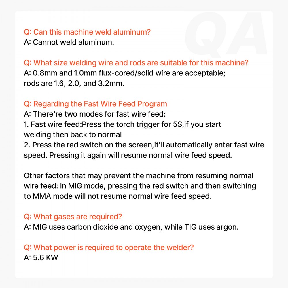 VEVOR MIG/MMA/TIG 3 in 1 Welding Machine 50-250A Flux-cored wire welding (0.8 mm & 1 mm) IGBT technology 2.2-12 m/min wire speed 5.6 kVA Rated input power IP21S protection class