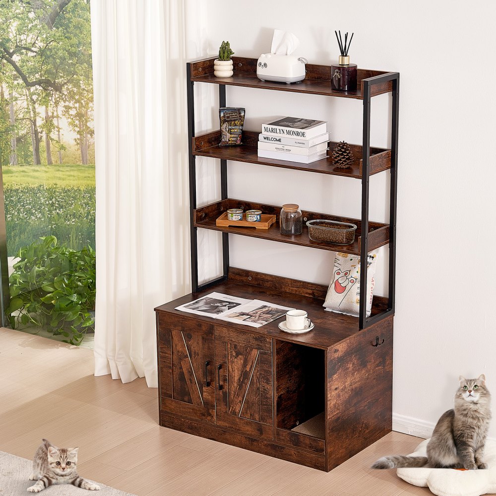 VEVOR Recinto per Lettiera per Gatti 850,1 x 490,2 x 1490 mm Mobiletto per Lettiera Nascosto 3 Ripiani Portaoggetti, Bagno per Gatti in Legno, Adatto alla Maggior Parte delle Lettiere, Marrone Scuro