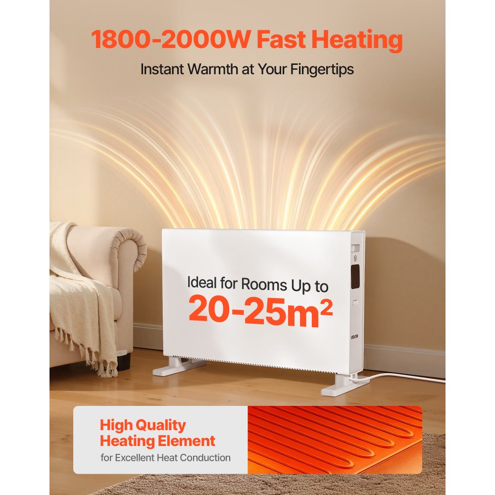 VEVOR Riscaldatore a Pannello per Ambiente, Riscaldatore Elettrico da 2000 W con Telecomando e Controllo Touch, 3 Modalità, Timer 24 Ore, Design con Supporto o Montaggio a Parete per Casa e Ufficio