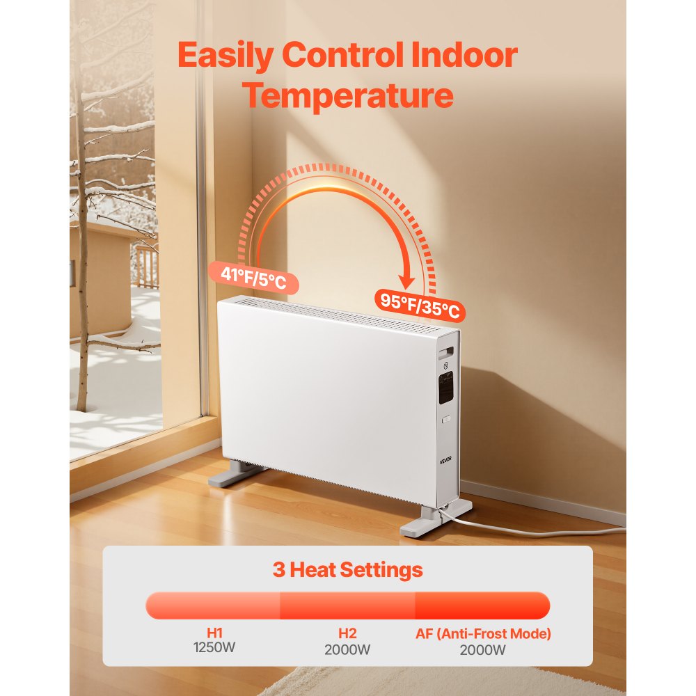 VEVOR Riscaldatore a Pannello per Ambiente, Riscaldatore Elettrico da 2000 W con Telecomando e Controllo Touch, 3 Modalità, Timer 24 Ore, Design con Supporto o Montaggio a Parete per Casa e Ufficio