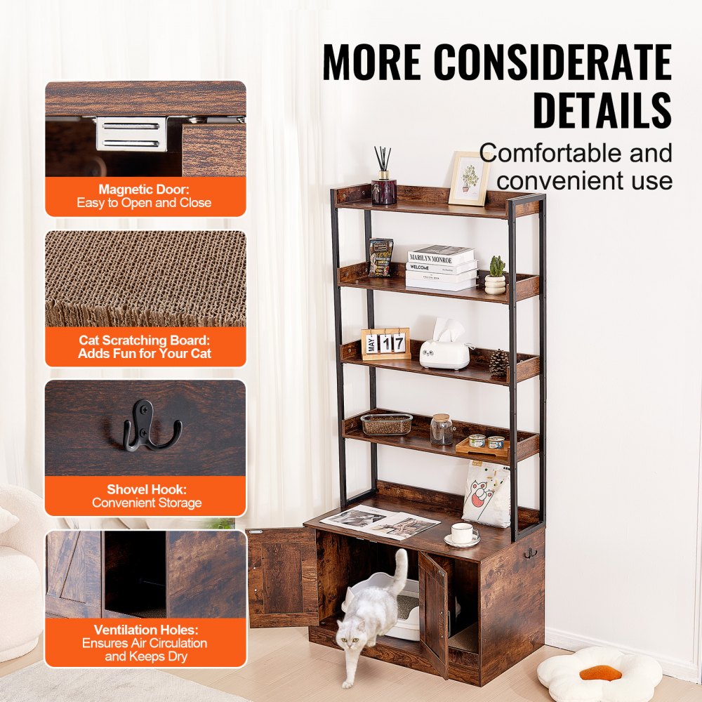 VEVOR Recinto per Lettiera per Gatti 850,1 x 490,2 x 1836,4 mm Mobiletto per Lettiera Nascosto 4 Ripiani Portaoggetti, Bagno per Gatti in Legno, Adatto alla Maggior Parte delle Lettiere, Marrone Scuro