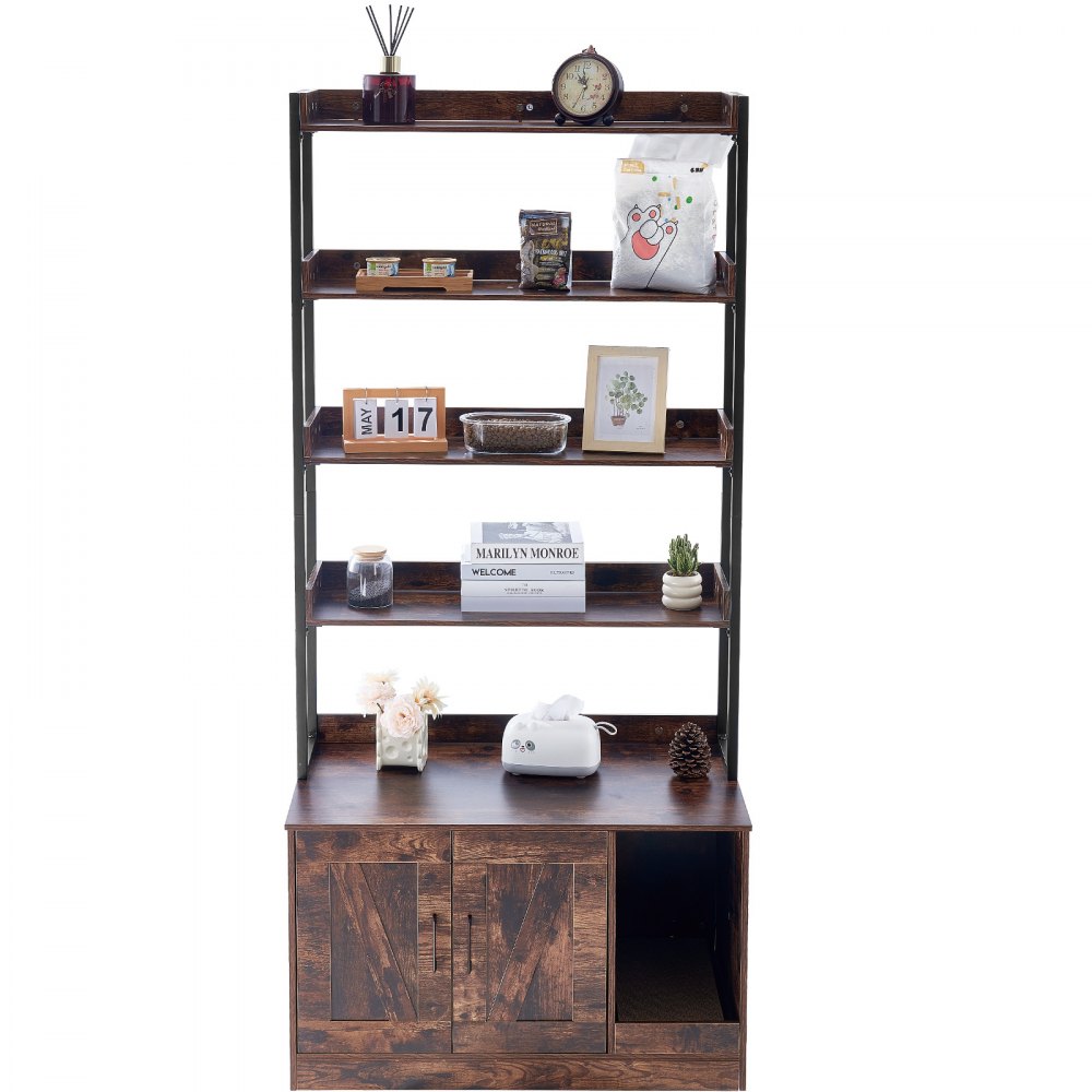 VEVOR Recinto per Lettiera per Gatti 850,1 x 490,2 x 1836,4 mm Mobiletto per Lettiera Nascosto 4 Ripiani Portaoggetti, Bagno per Gatti in Legno, Adatto alla Maggior Parte delle Lettiere, Marrone Scuro