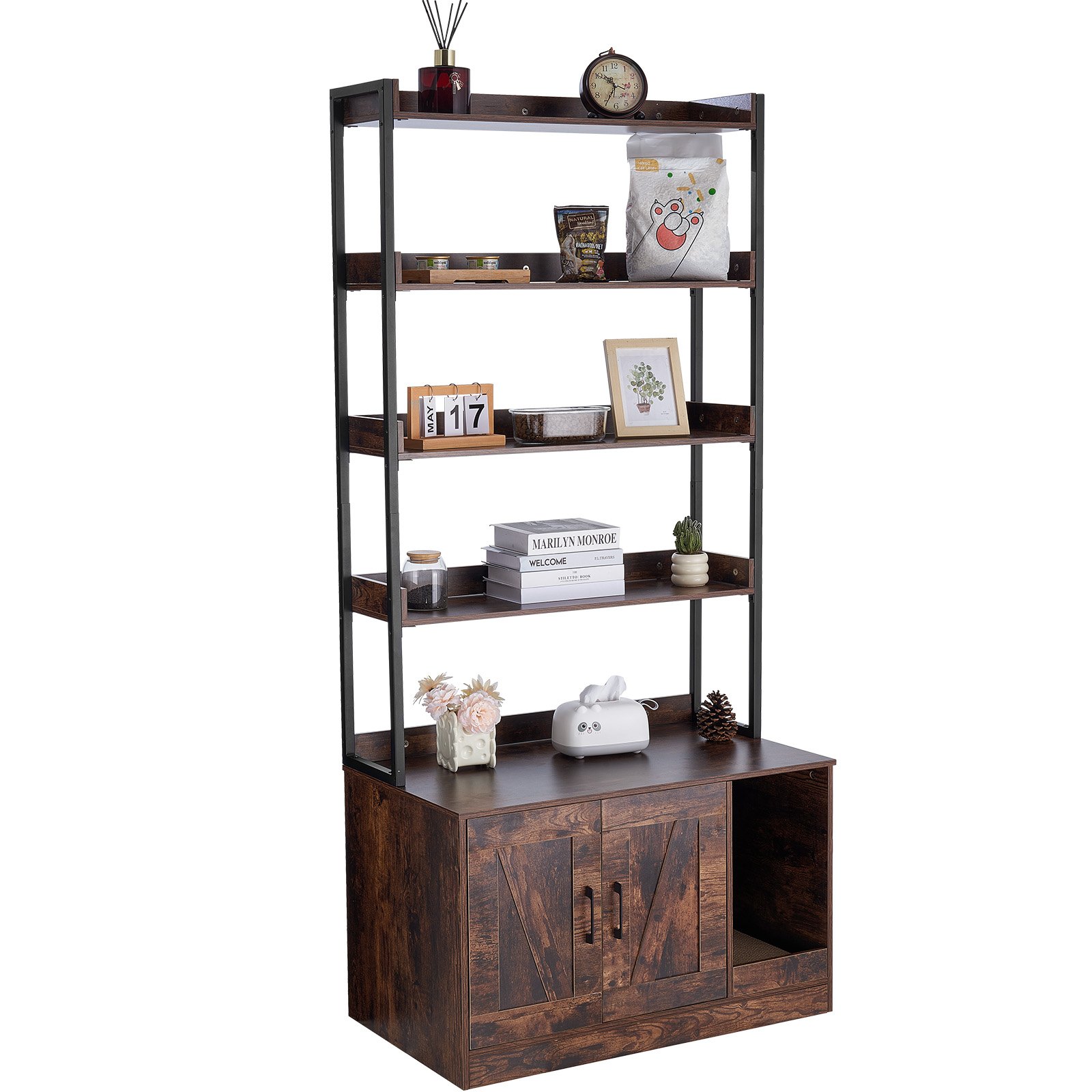 VEVOR Recinto per Lettiera per Gatti 850,1 x 490,2 x 1836,4 mm Mobiletto per Lettiera Nascosto 4 Ripiani Portaoggetti, Bagno per Gatti in Legno, Adatto alla Maggior Parte delle Lettiere, Marrone Scuro