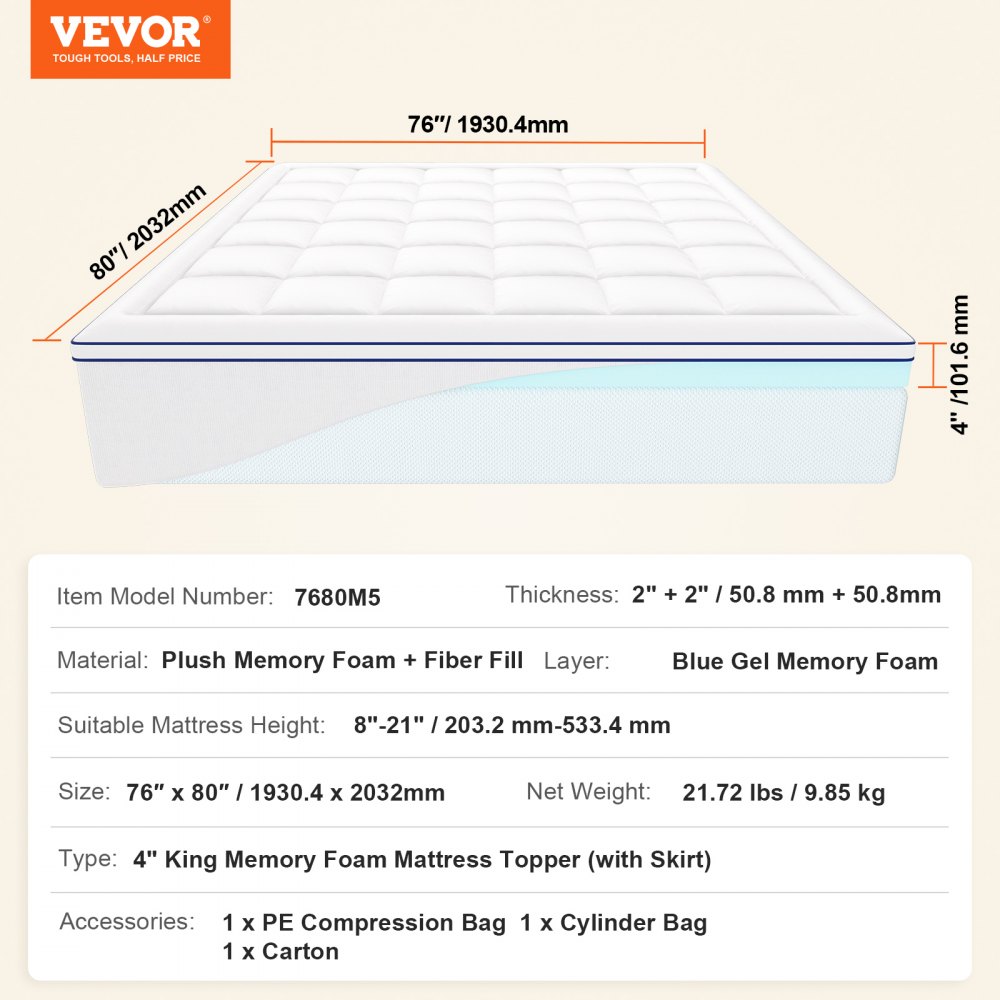 VEVOR mattress topper, king size, mattress protector, 101.6 mm thick, memory foam, fiber filling, removable and washable, ergonomically designed for pressure relief, pleasantly cooling and breathable