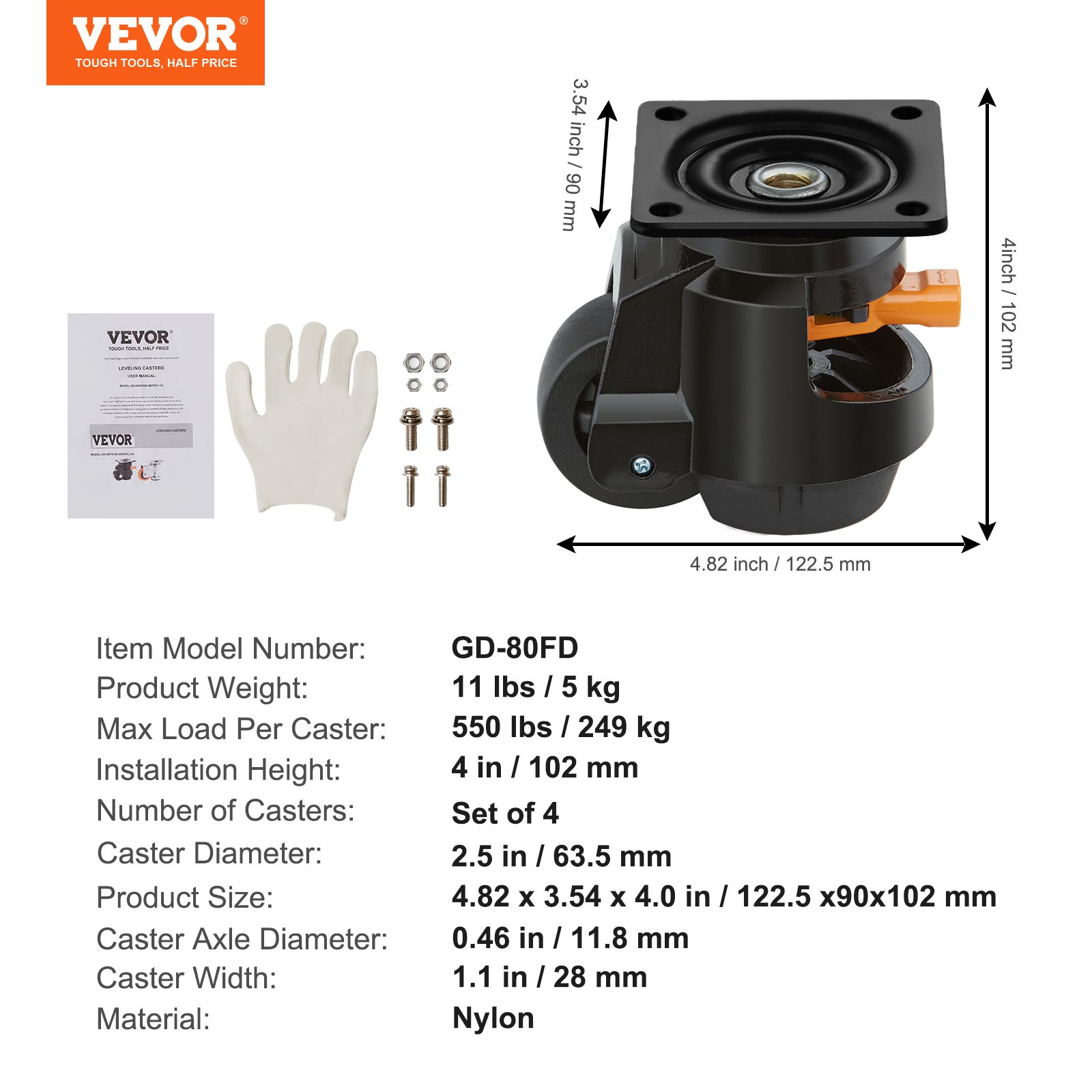 VEVOR Ruote Girevoli per Mobili Set di 4 Ruote Livellanti per Carichi Pesanti Capacità di Carico Max. 1000 kg Diametro 63,5 mm, Ruote Girevoli Regolabili con Piedini per Mobili Banco di Lavoro 4 Pezzi