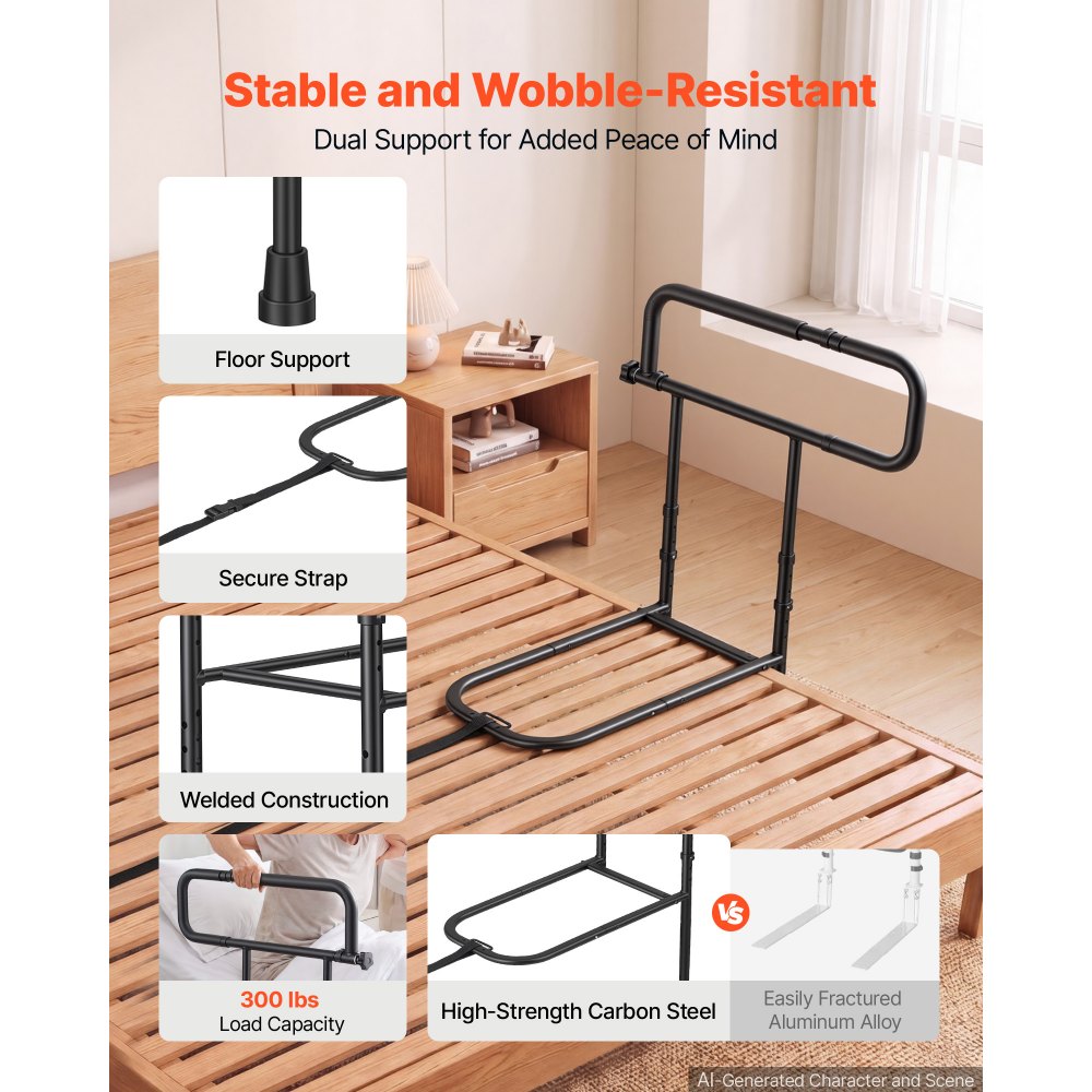 VEVOR Sponda di Sicurezza per Letto Pieghevole Lunghezza Altezza Regolabili, con Gambe di Supporto a Pavimento, Struttura in Acciaio ad Alta Resistenza, Portata 136 kg per Letti King Size e Queen Size