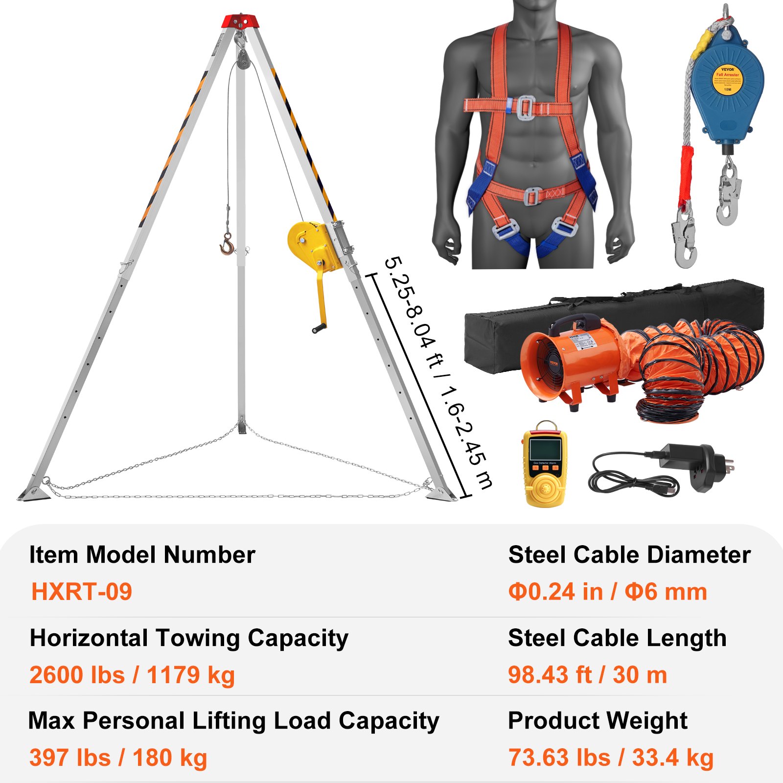 VEVOR confined space tripod set 1179 kg winch, confined space tripod with 2.45 m legs and 30 m cable, confined space rescue tripod with fall protection, strap, blower, confined space bag