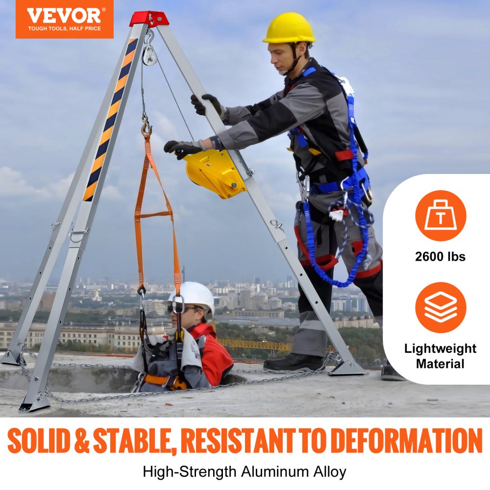 VEVOR rescue tripod for confined spaces with 8' legs and 98' cable, rescue tripod for confined spaces with 32.8' fall arrest system, harness for deep wells, tunnels, and window wells