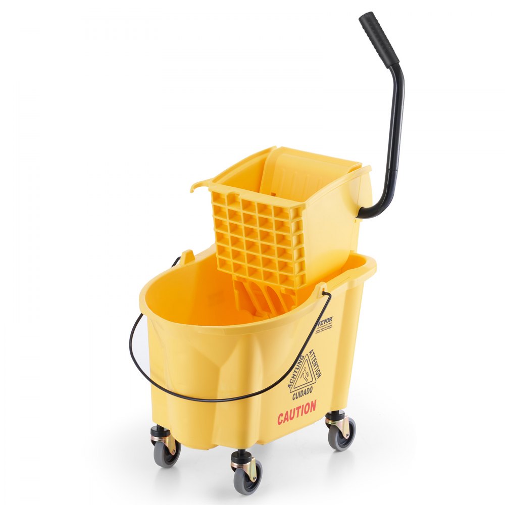 yellow VEVOR mop bucket with wringer, handle, and caution sign on wheels.