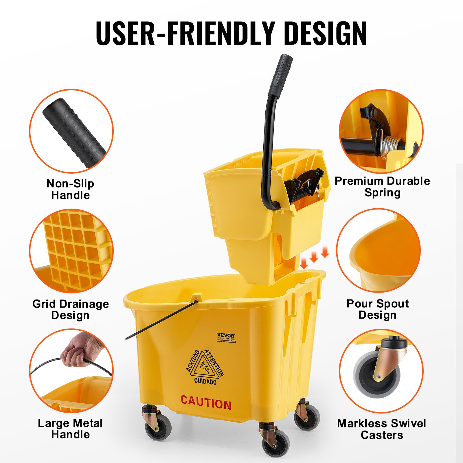 VEVOR Mop Bucket with Wringer, 35 Qt. Commercial Mop Bucket with Side Wringer Press, Mop Bucket and Wringer Combo on Wheels, Professional/Industrial/Commercial Floor Cleaning