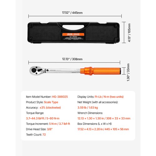 Set Chiave Dinamometrica VEVOR A Scatto 5-60 Nm – Precisione ±3%, Cricchetto 72 Denti, Con Bussole, Punte E Prolunga, Astuccio Arancione