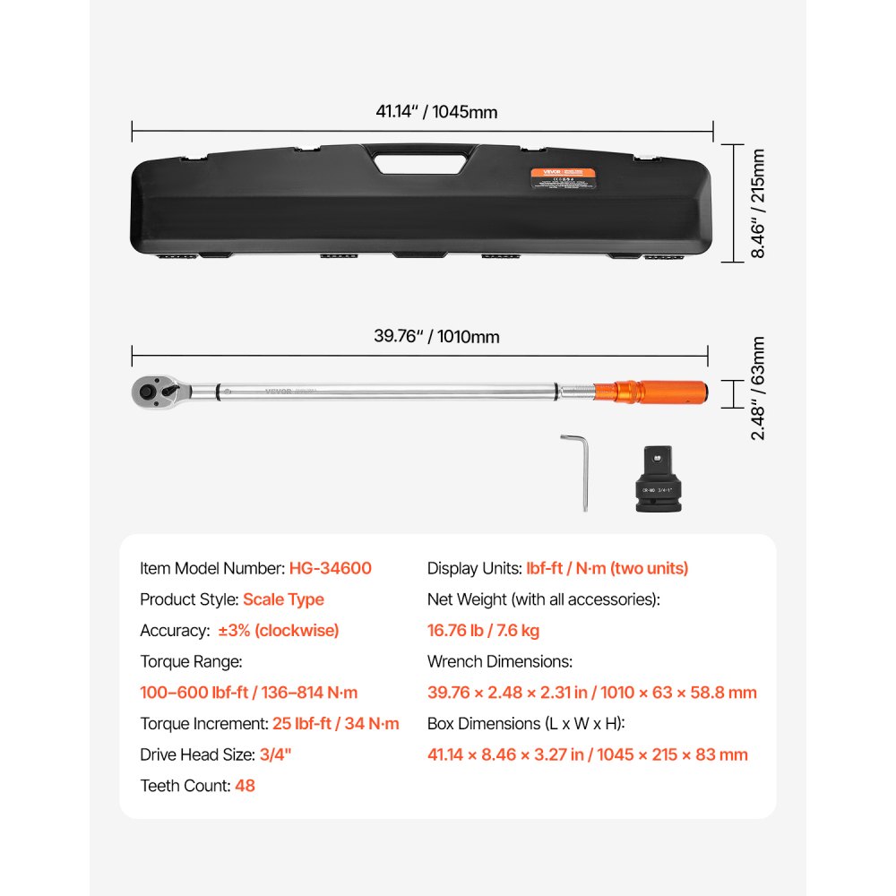 VEVOR Chiave Dinamometrica Clic, 100–600 lbf-ft e 136–814 N.m Set di Chiavi Dinamometriche Bidirezionali con Scale a Doppia Gamma, 48 Denti, Acciaio Legato, per Riparazione di Automobili