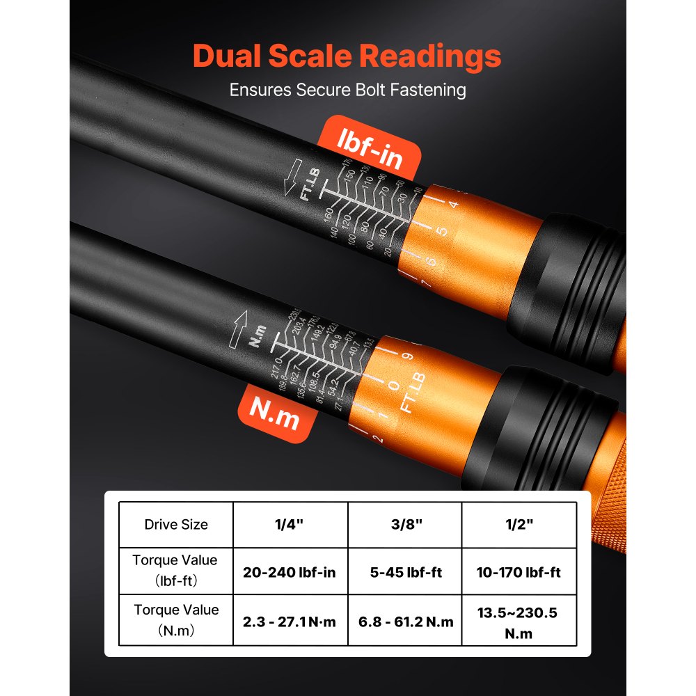VEVOR Set Chiavi Dinamometriche da 1/4" 3/8" e 1/2" con Meccanismo a Scatto, Cacciaviti Dinamometriche 47 Pezzi, Doppia Scala di Lettura, con Bussole Inserti Prolunghe Custodia, per Riparazioni Auto